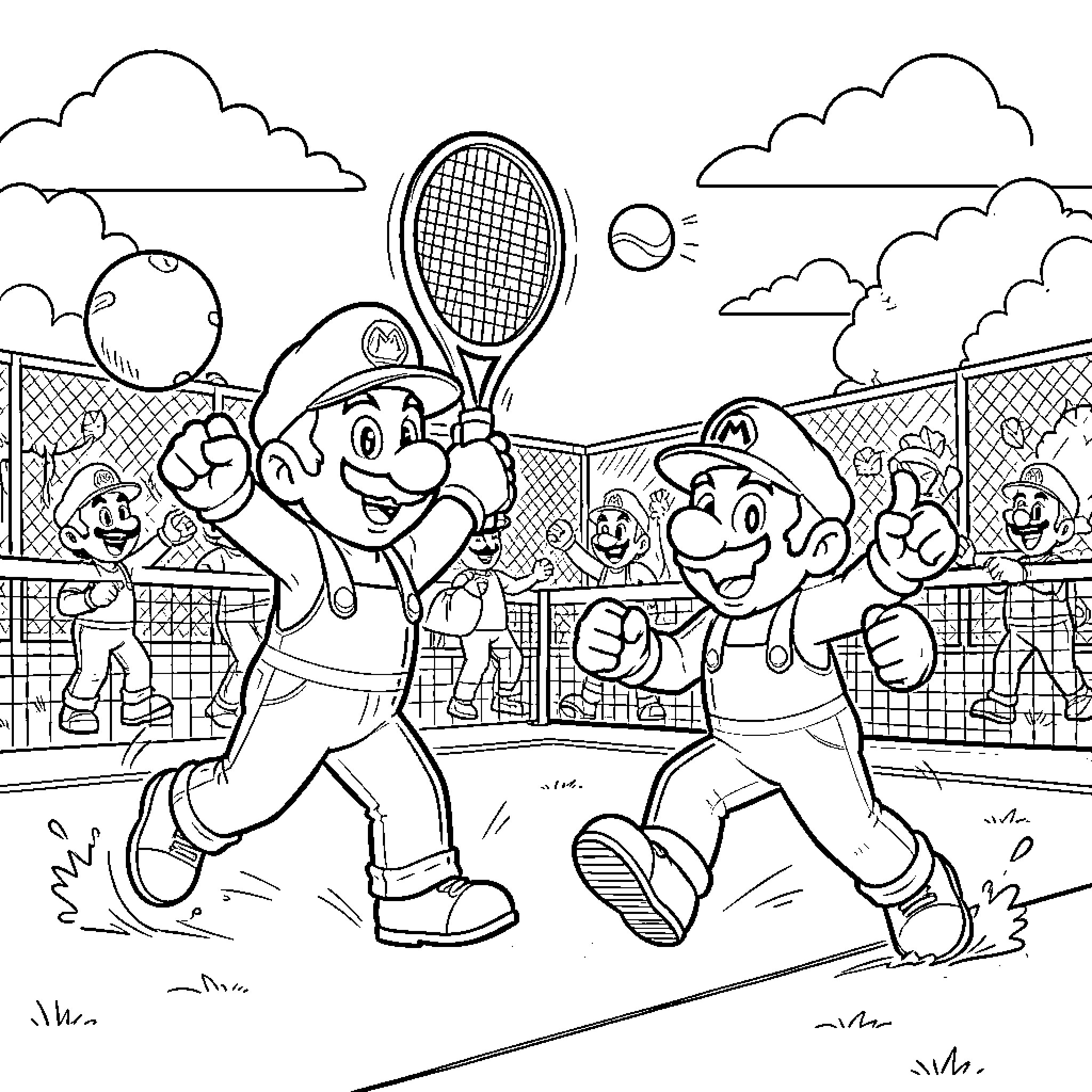 Mario and friends playing tennis on the court Coloring Page (free black-and-white line drawing printable PDF for all, from beginners to advanced learners, including children, teens, adults, and seniors)