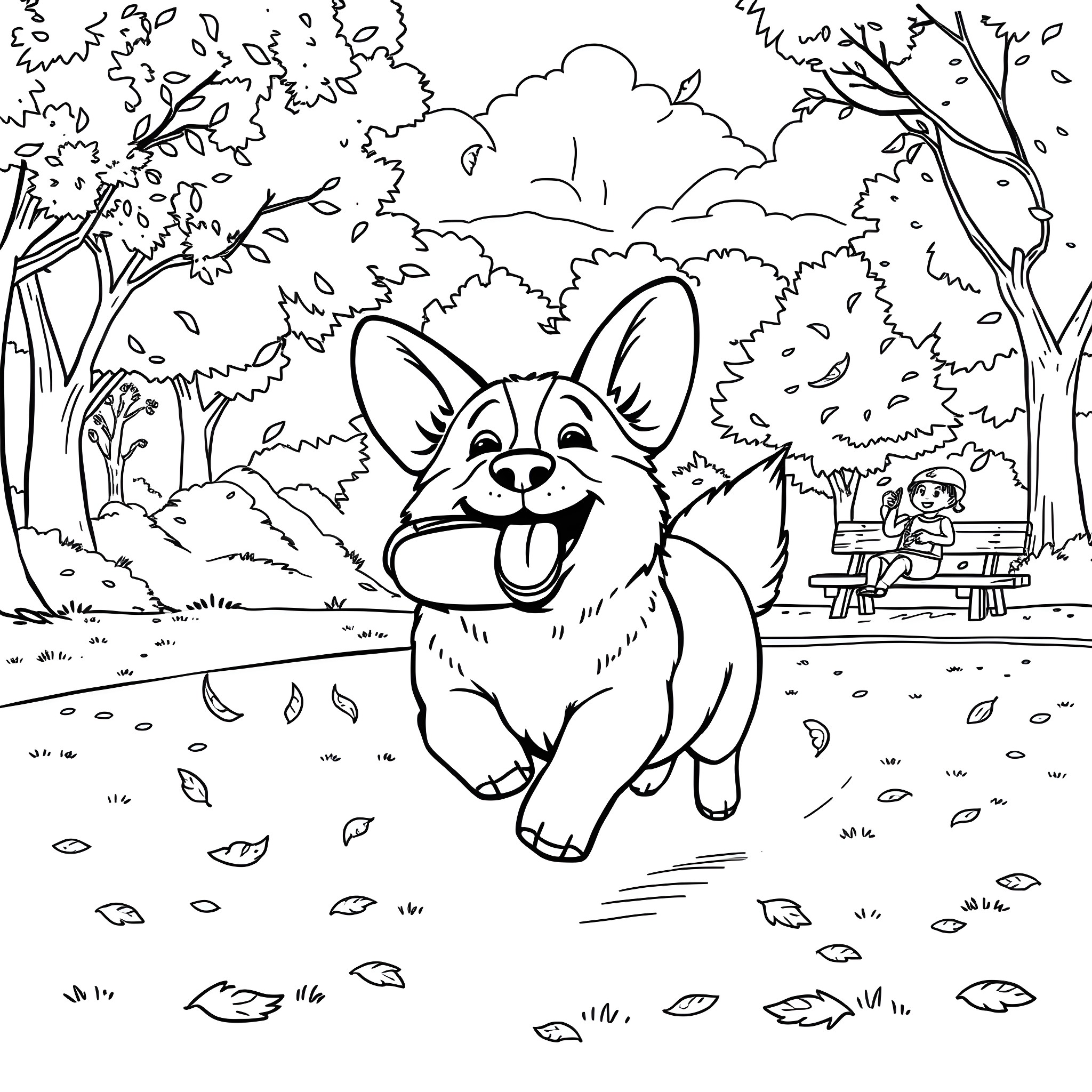 Corgi frolicking in a lush forest Coloring Page (free black-and-white line drawing printable PDF for all, from beginners to advanced learners, including children, teens, adults, and seniors)