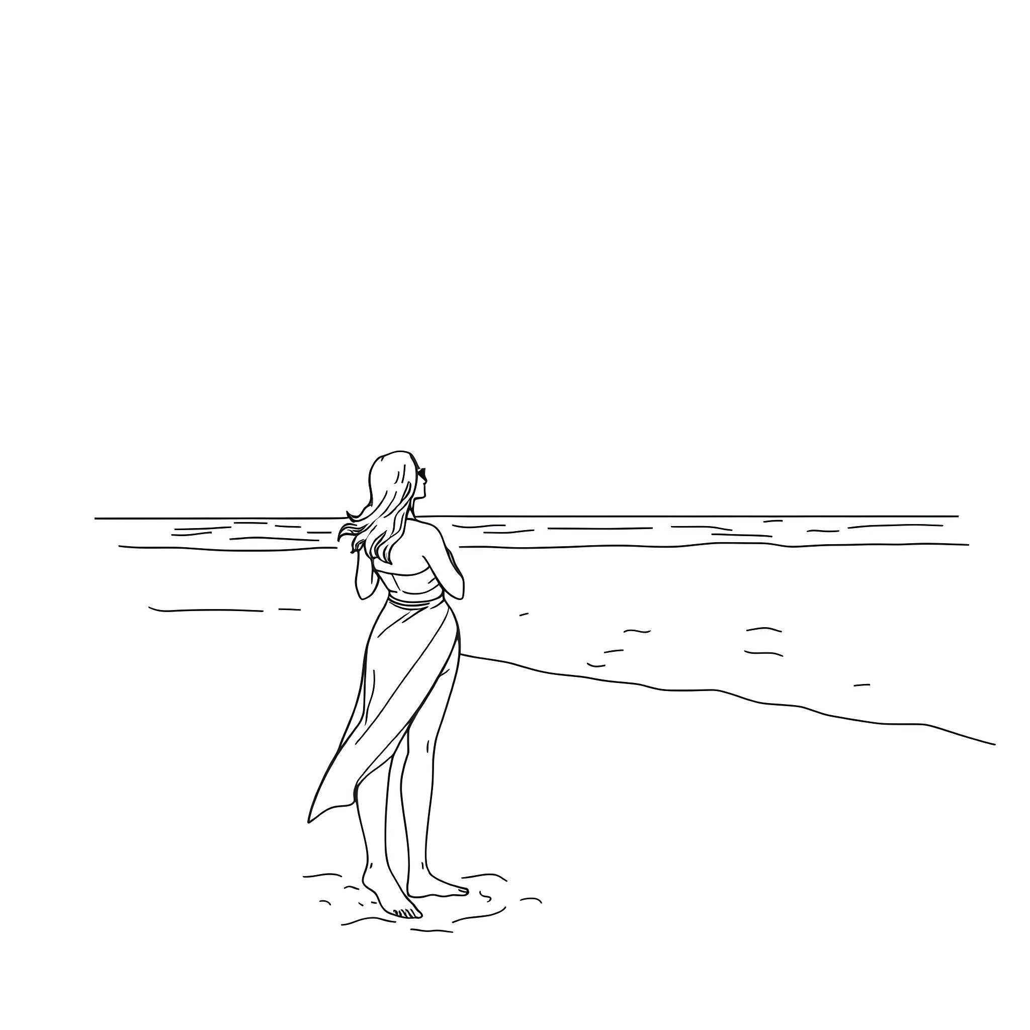 Lady standing in the serene waters Coloring Page (free black-and-white line drawing printable PDF for all, from beginners to advanced learners, including children, teens, adults, and seniors)