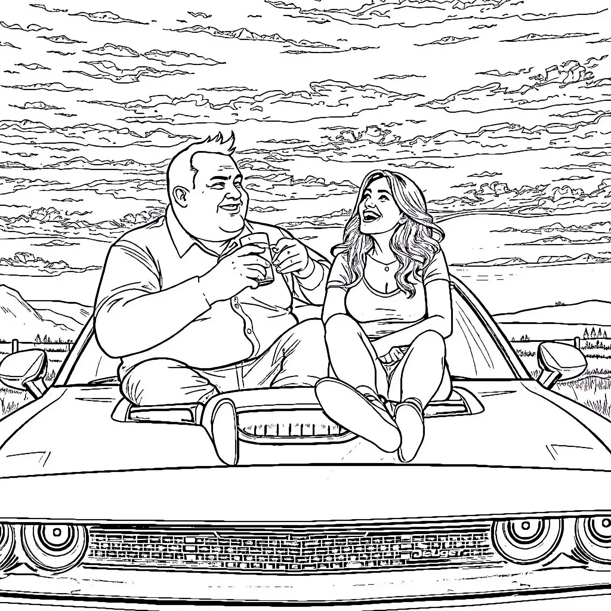 Tea Time with Friends on a Road Trip Coloring Page (free black-and-white line drawing printable PDF for all, from beginners to advanced learners, including children, teens, adults, and seniors)