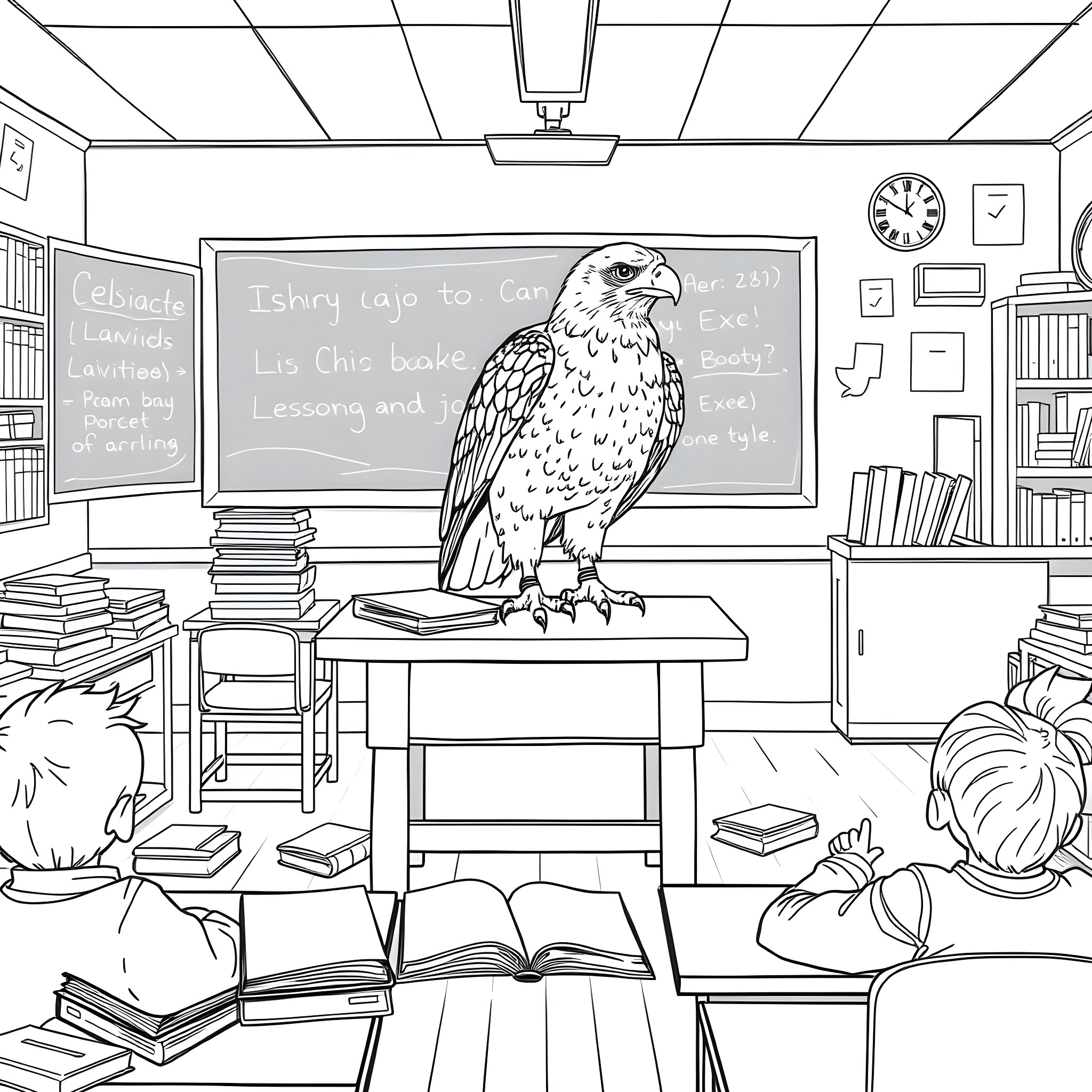 Hawk perched in a classroom with students Coloring Page (free black-and-white line drawing printable PDF for all, from beginners to advanced learners, including children, teens, adults, and seniors)