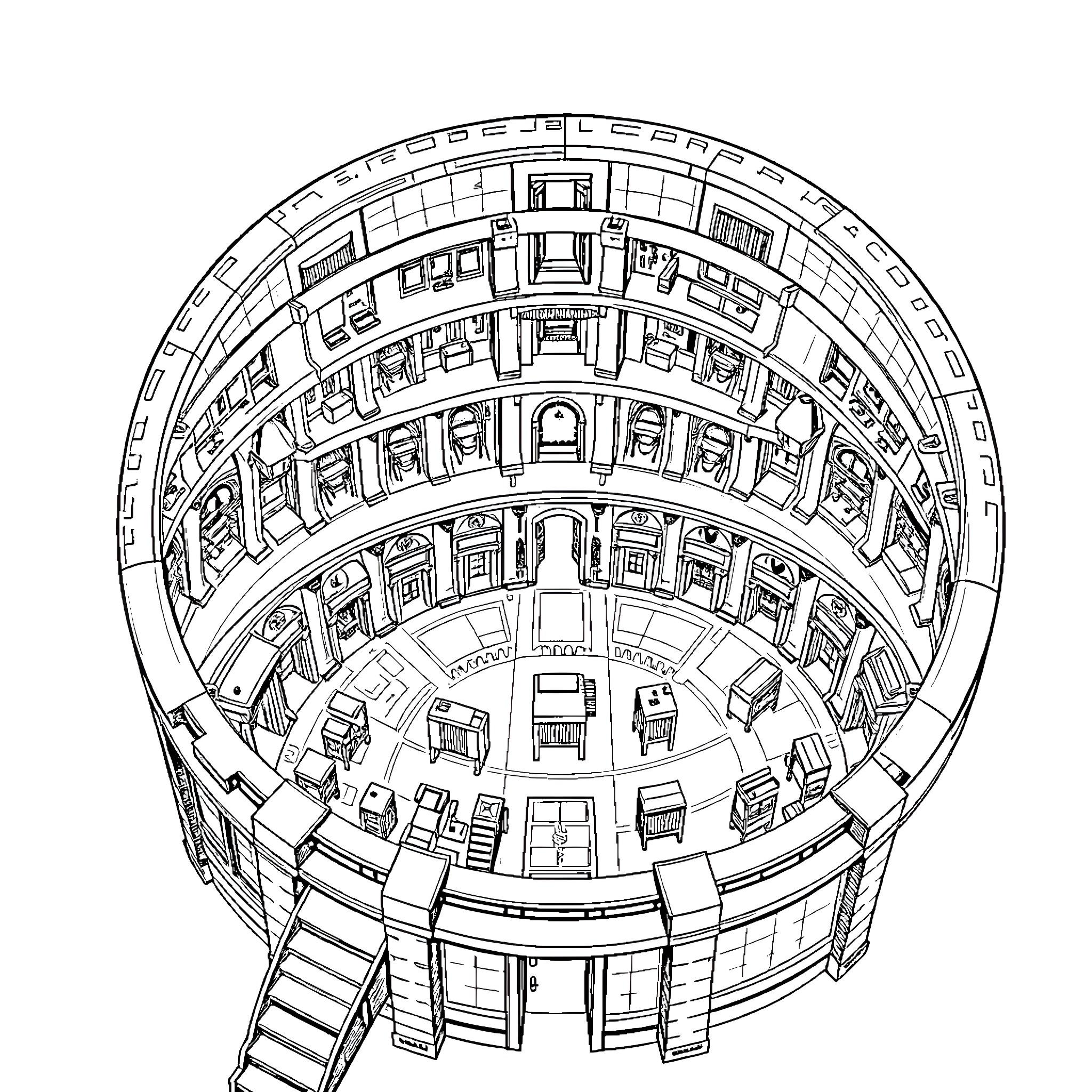 Panopticon: Architectural Illustration of a Circular Surveillance Structure Coloring Page (free black-and-white line drawing printable PDF for all, from beginners to advanced learners, including children, teens, adults, and seniors)