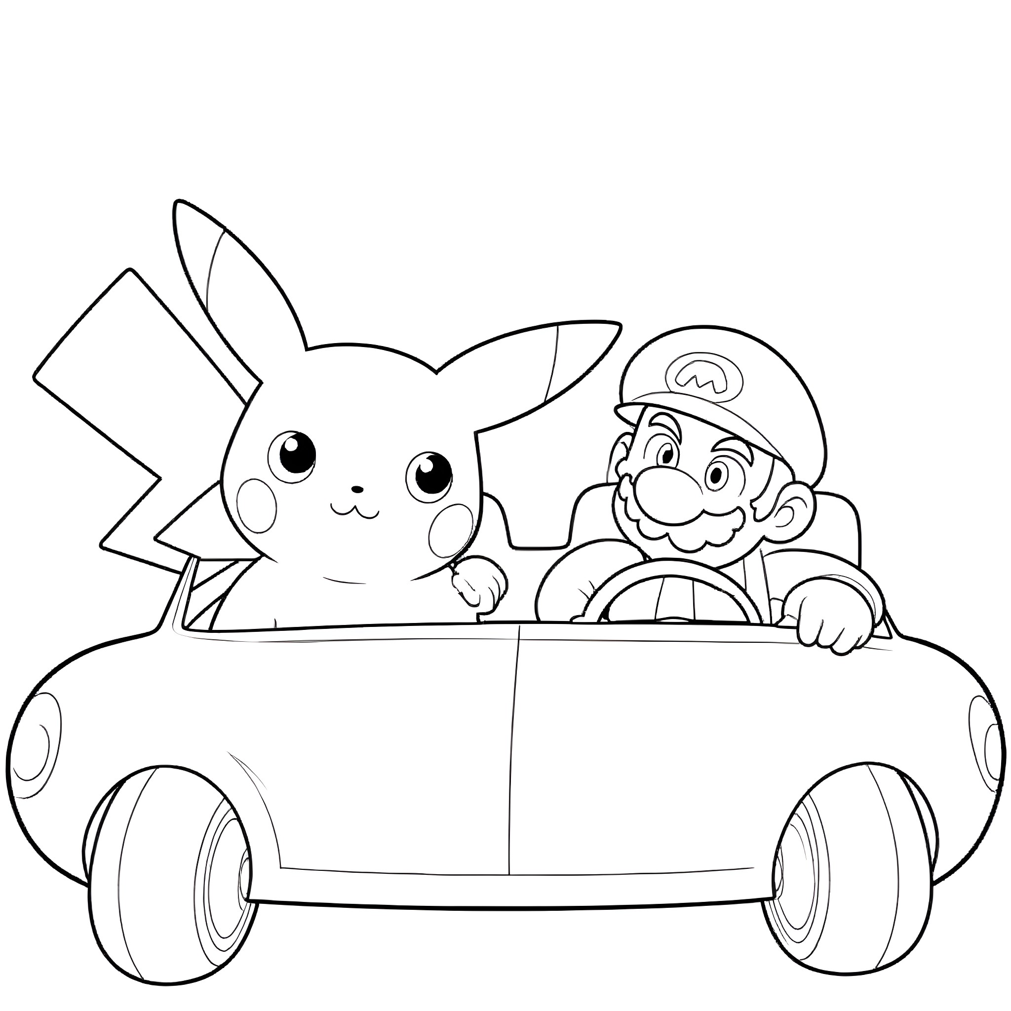 Pikachu riding a car with Mario Coloring Page (free black-and-white line drawing printable PDF for all, from beginners to advanced learners, including children, teens, adults, and seniors)