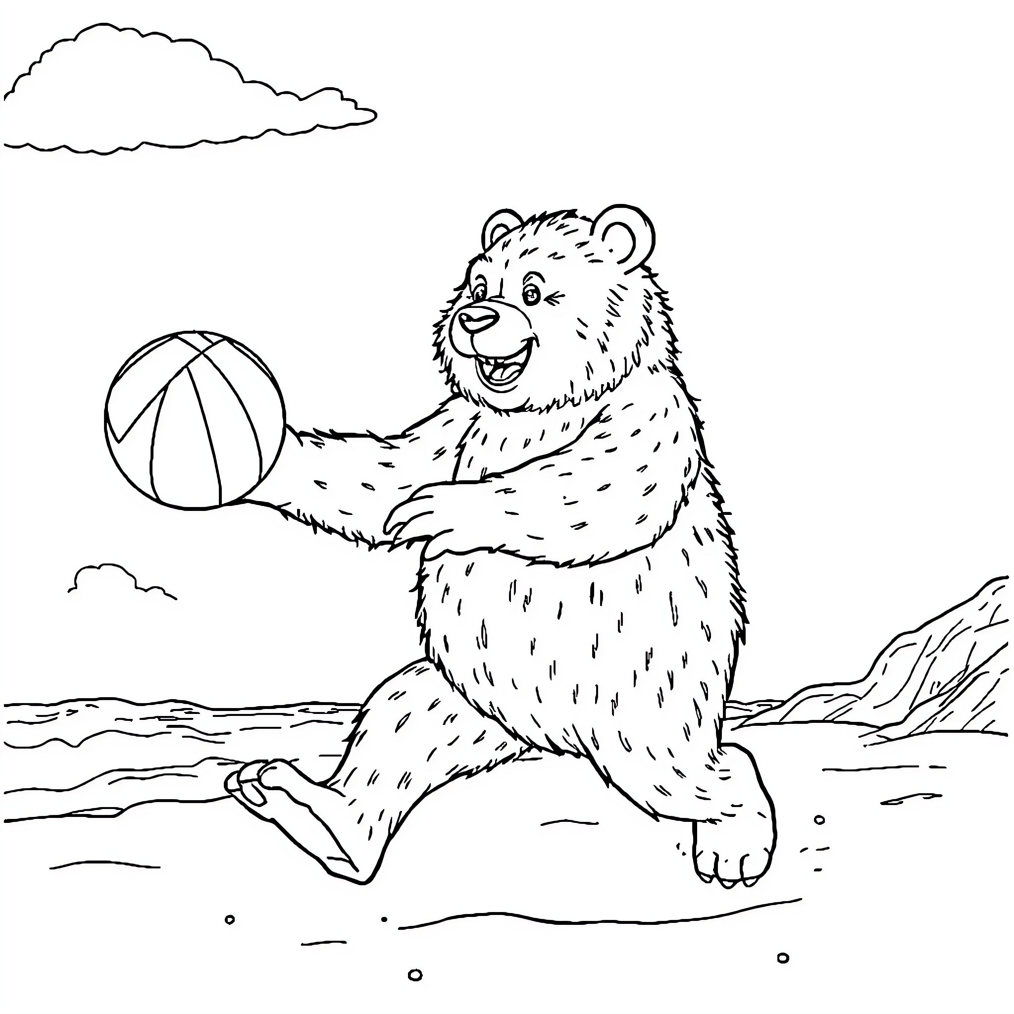 Bear playing joyfully with a beach ball Coloring Page (free black-and-white line drawing printable PDF for all, from beginners to advanced learners, including children, teens, adults, and seniors)