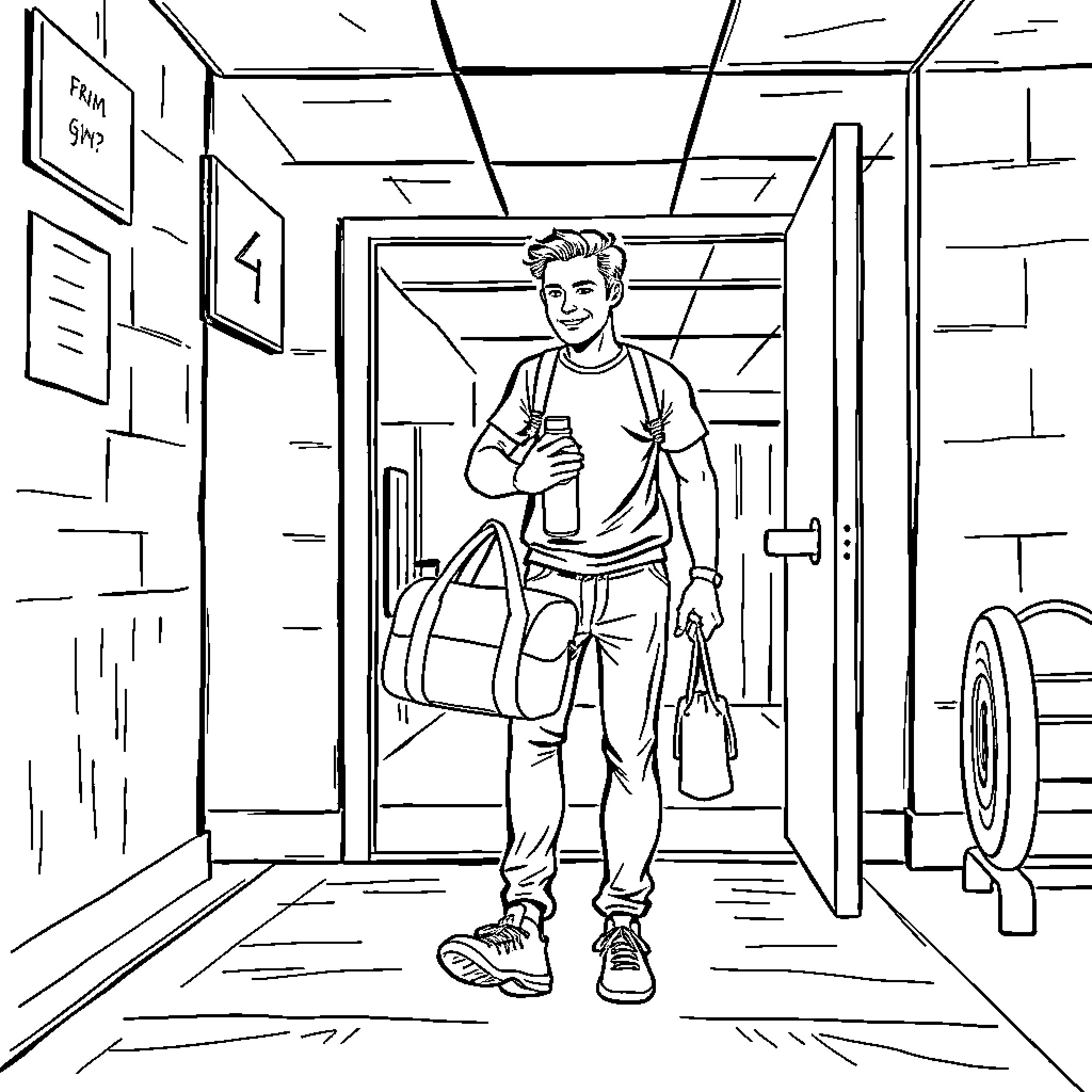 Mark entering his workplace with a bag Coloring Page (free black-and-white line drawing printable PDF for all, from beginners to advanced learners, including children, teens, adults, and seniors)