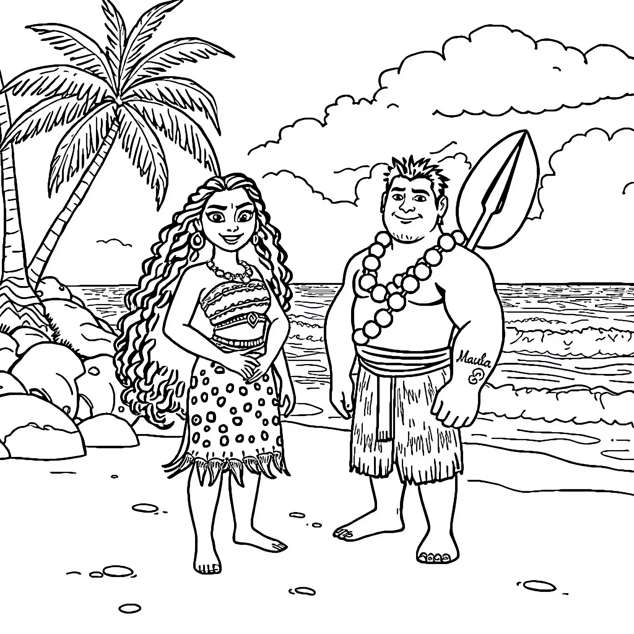 Moana and Maui on a tropical beach Coloring Page (free black-and-white line drawing printable PDF for all, from beginners to advanced learners, including children, teens, adults, and seniors)
