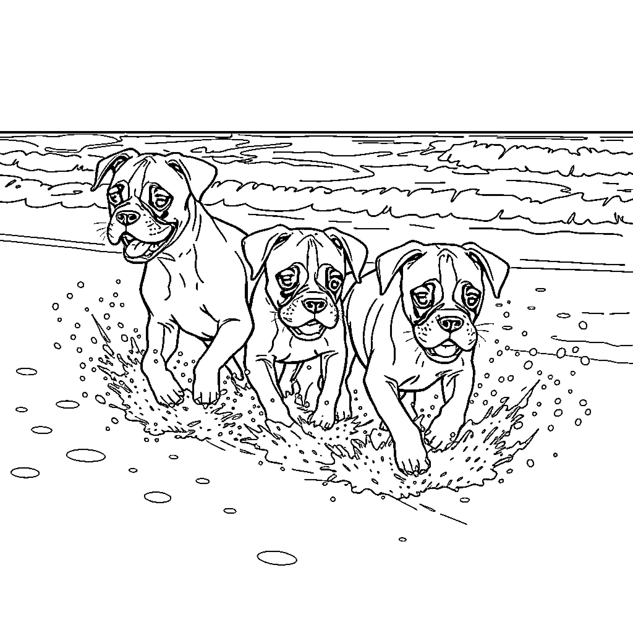 Puppies Playing Happily on the Beach Coloring Page (free black-and-white line drawing printable PDF for all, from beginners to advanced learners, including children, teens, adults, and seniors)