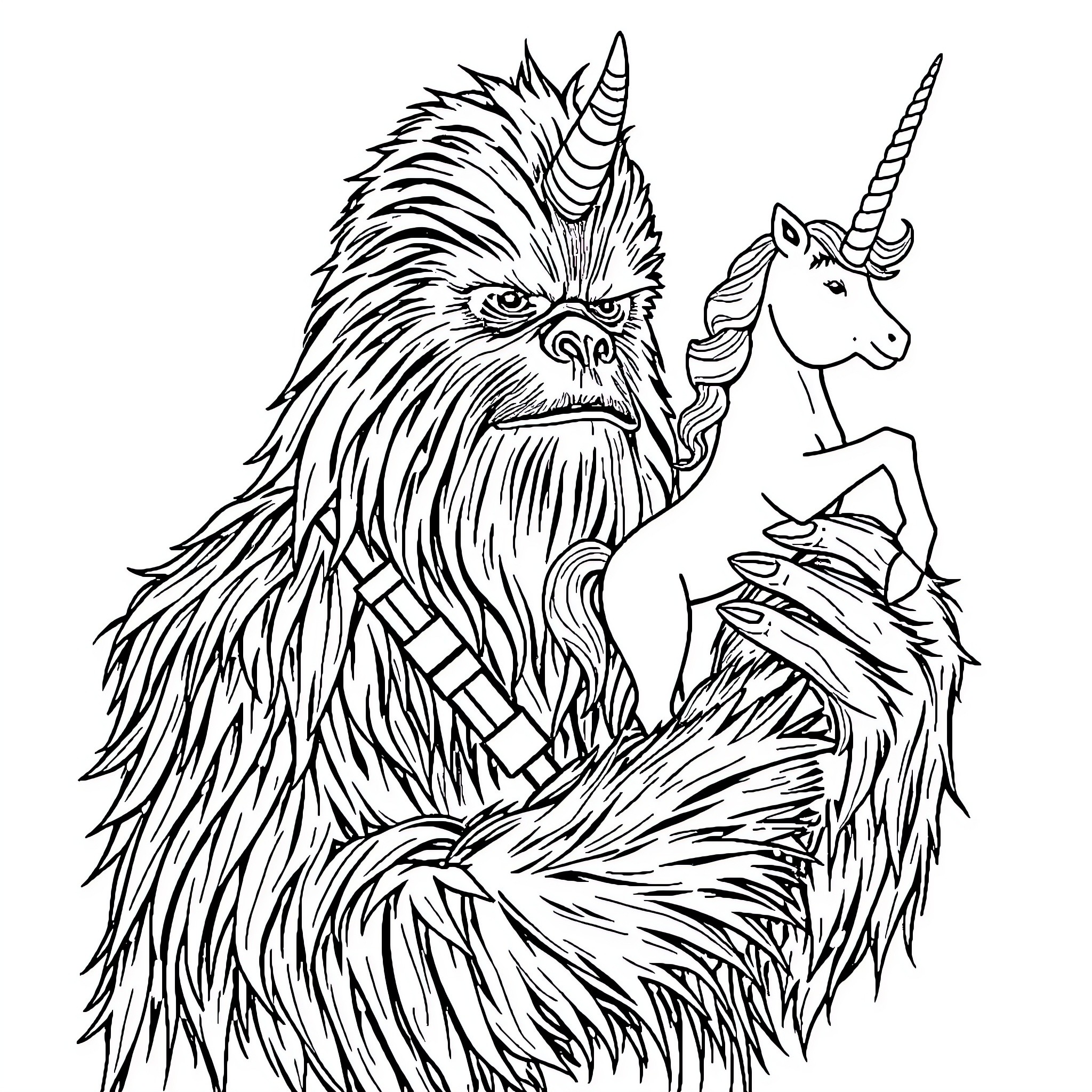 Chewbacca riding a unicorn in an artistic style Coloring Page (free black-and-white line drawing printable PDF for all, from beginners to advanced learners, including children, teens, adults, and seniors)