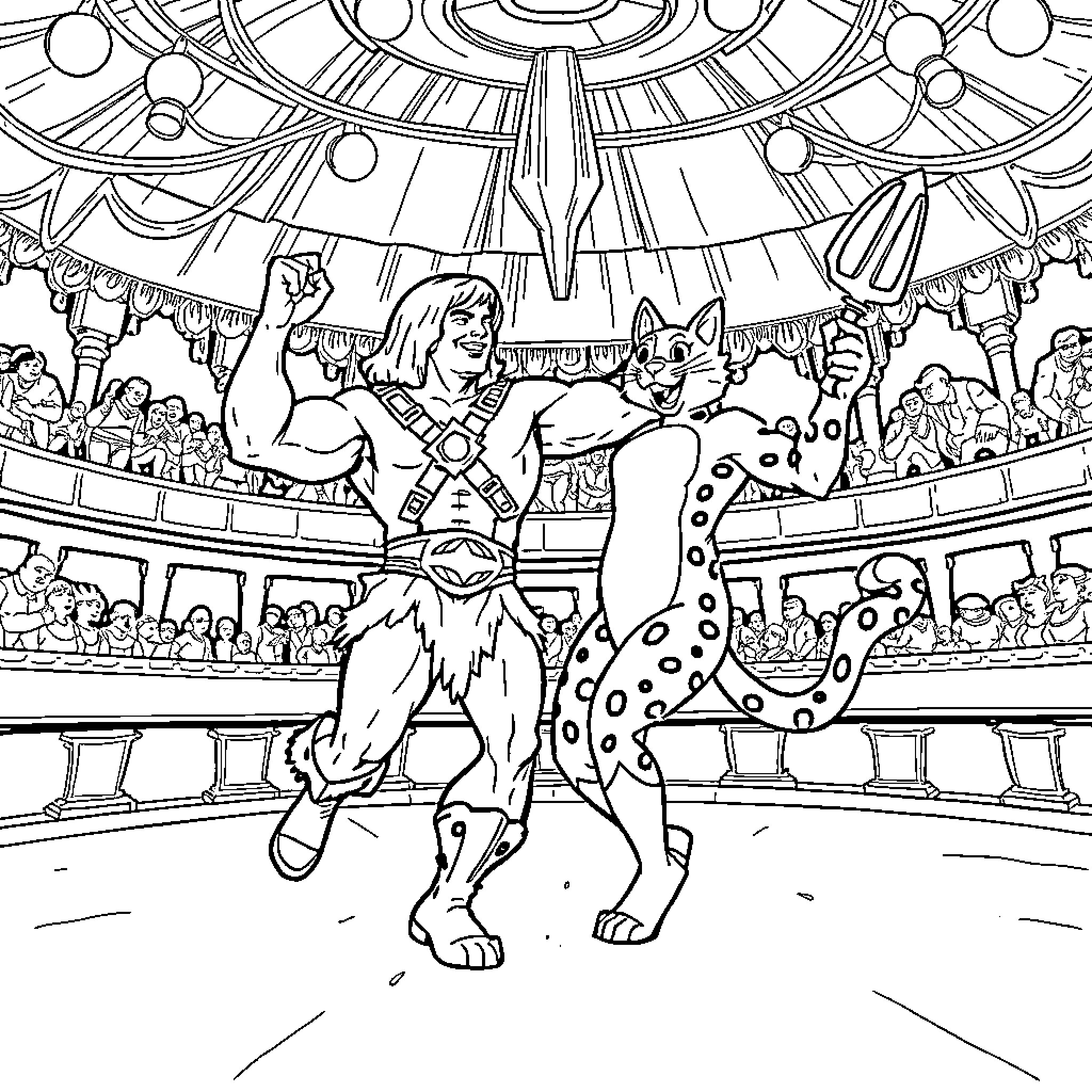 He-Man and Panthor in the Arena Coloring Page (free black-and-white line drawing printable PDF for all, from beginners to advanced learners, including children, teens, adults, and seniors)
