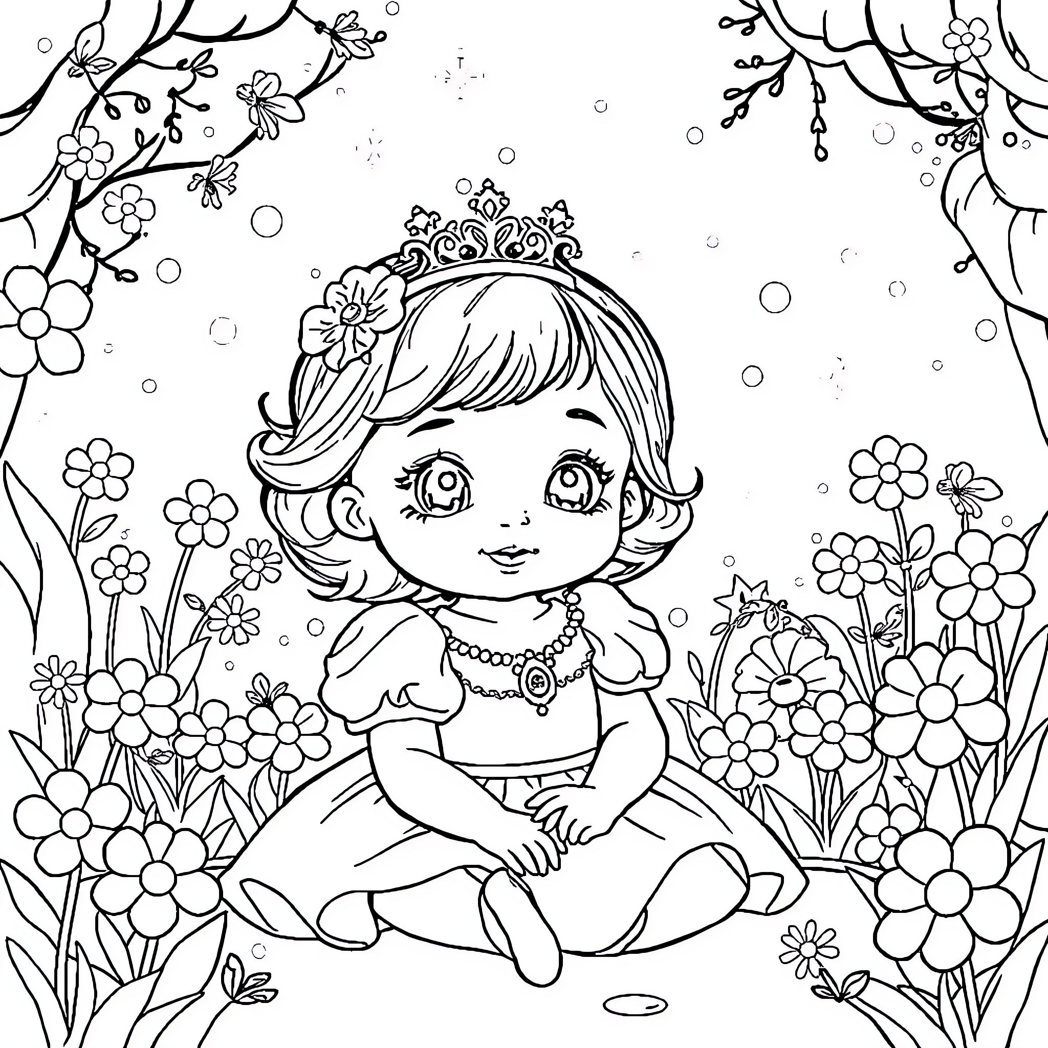 Princess playing in a floral garden Coloring Page (free black-and-white line drawing printable PDF for all, from beginners to advanced learners, including children, teens, adults, and seniors)