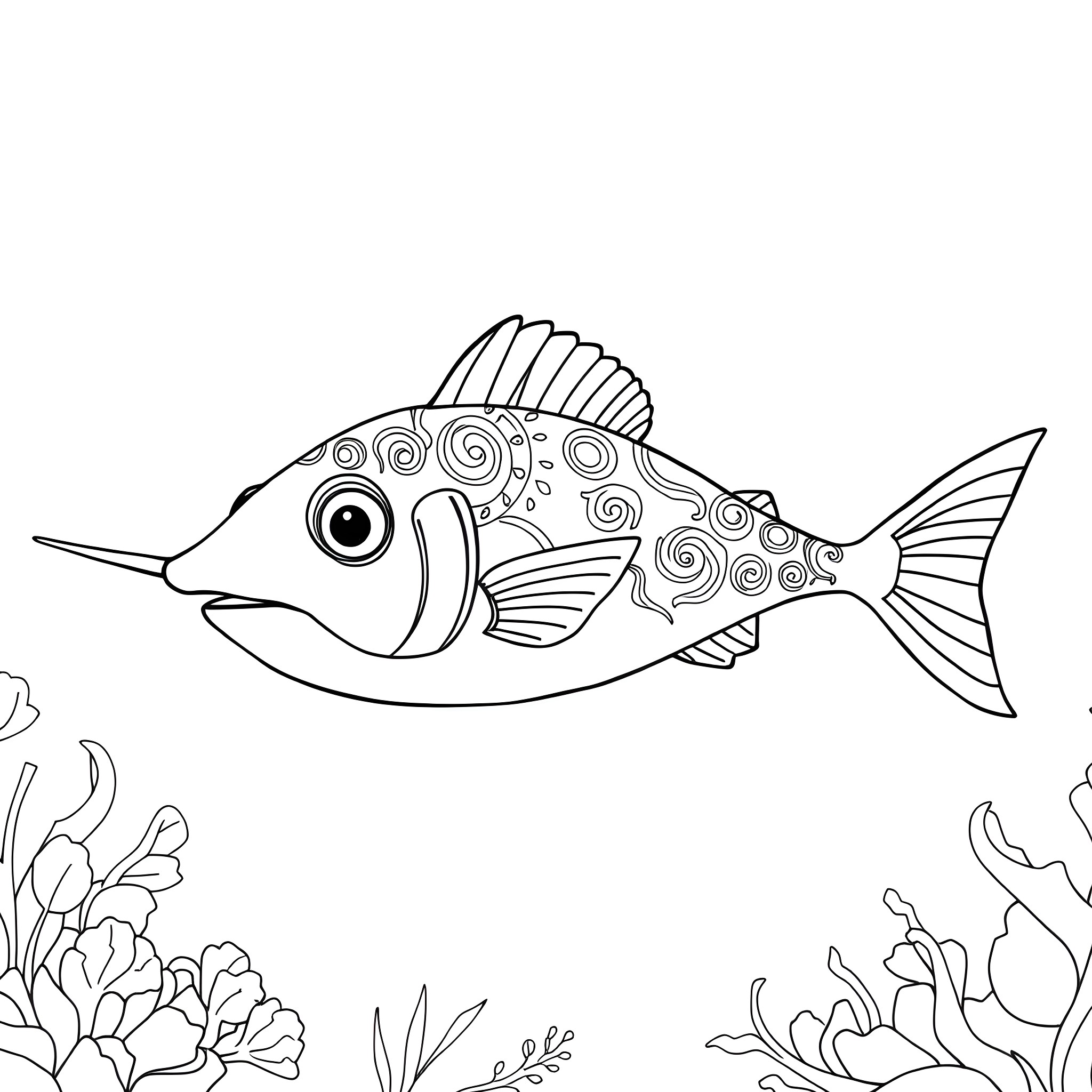 Swordfish swimming among coral reef Coloring Page (free black-and-white line drawing printable PDF for all, from beginners to advanced learners, including children, teens, adults, and seniors)
