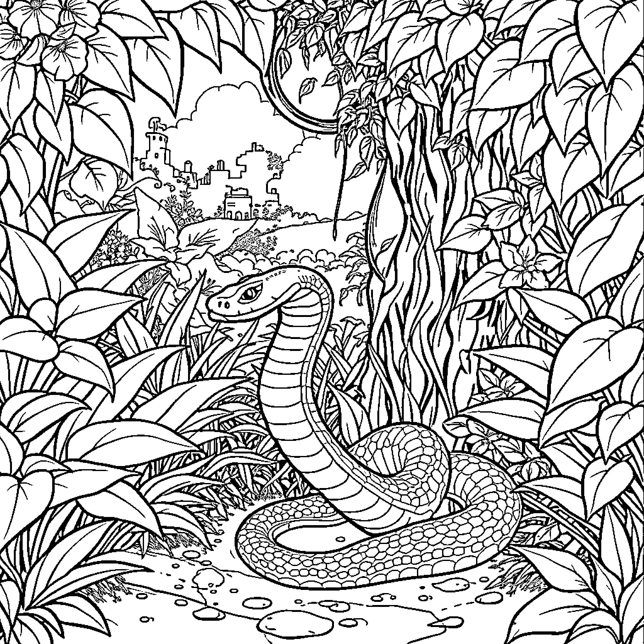 Snake coiled in lush, intricate forest landscape Coloring Page (free black-and-white line drawing printable PDF for all, from beginners to advanced learners, including children, teens, adults, and seniors)