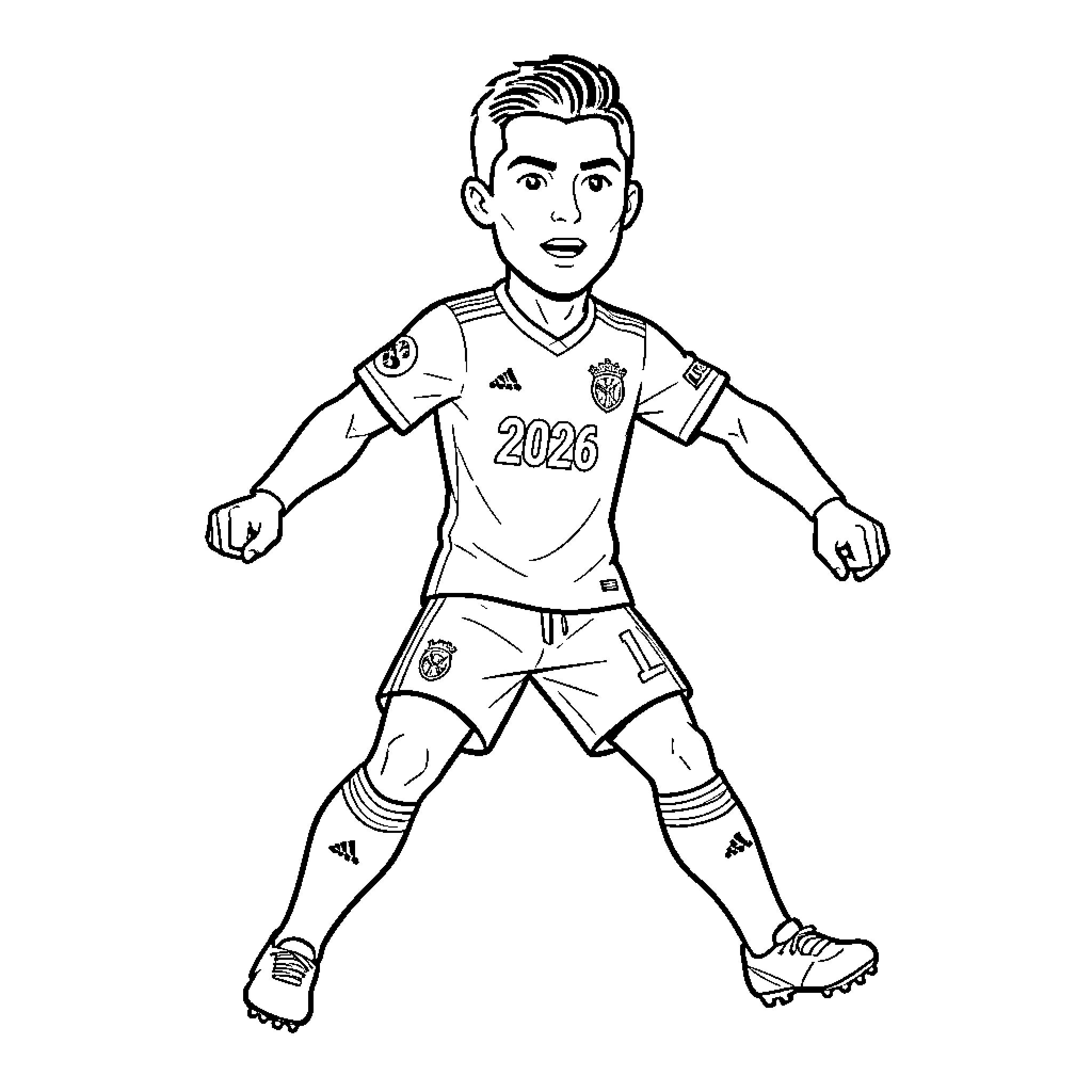 Cristiano Ronaldo in a soccer uniform performing a celebration Coloring Page (free black-and-white line drawing printable PDF for all, from beginners to advanced learners, including children, teens, adults, and seniors)