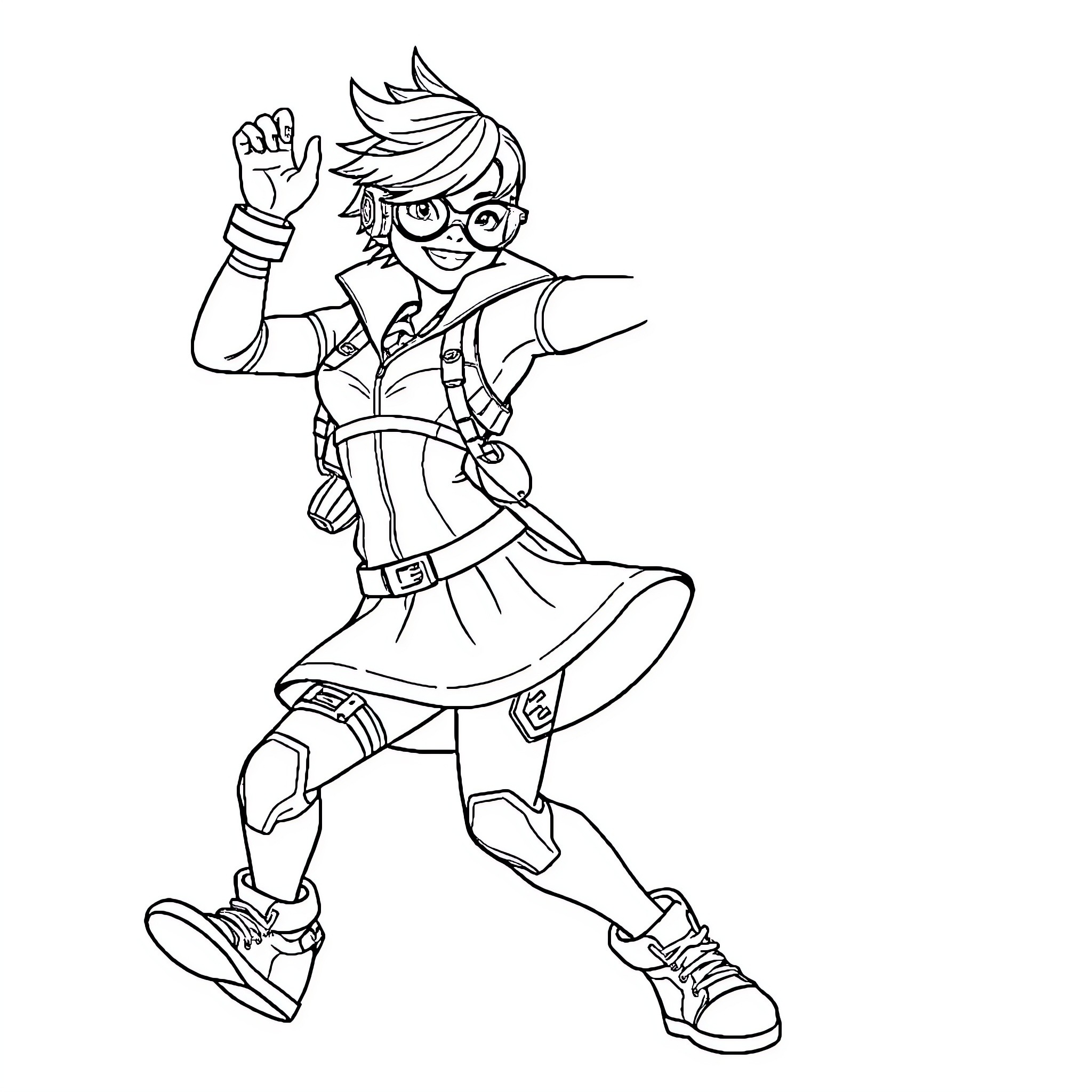 Tracer in action with energetic pose Coloring Page (free black-and-white line drawing printable PDF for all, from beginners to advanced learners, including children, teens, adults, and seniors)
