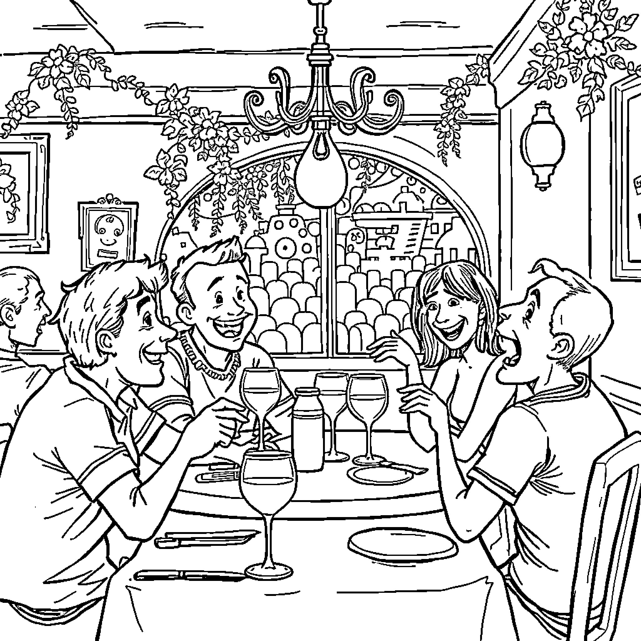 Italian Brainrot: Friends dining and enjoying the evening Coloring Page (free black-and-white line drawing printable PDF for all, from beginners to advanced learners, including children, teens, adults, and seniors)
