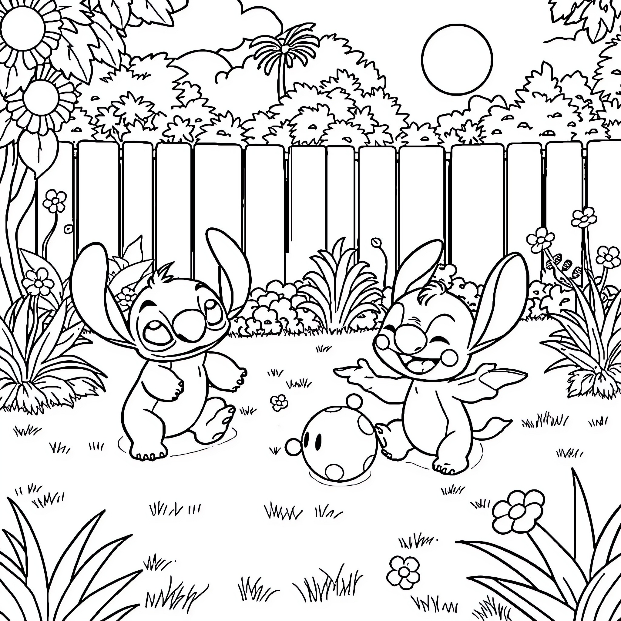 Lilo And Stitch playing in a tropical garden Coloring Page (free black-and-white line drawing printable PDF for all, from beginners to advanced learners, including children, teens, adults, and seniors)
