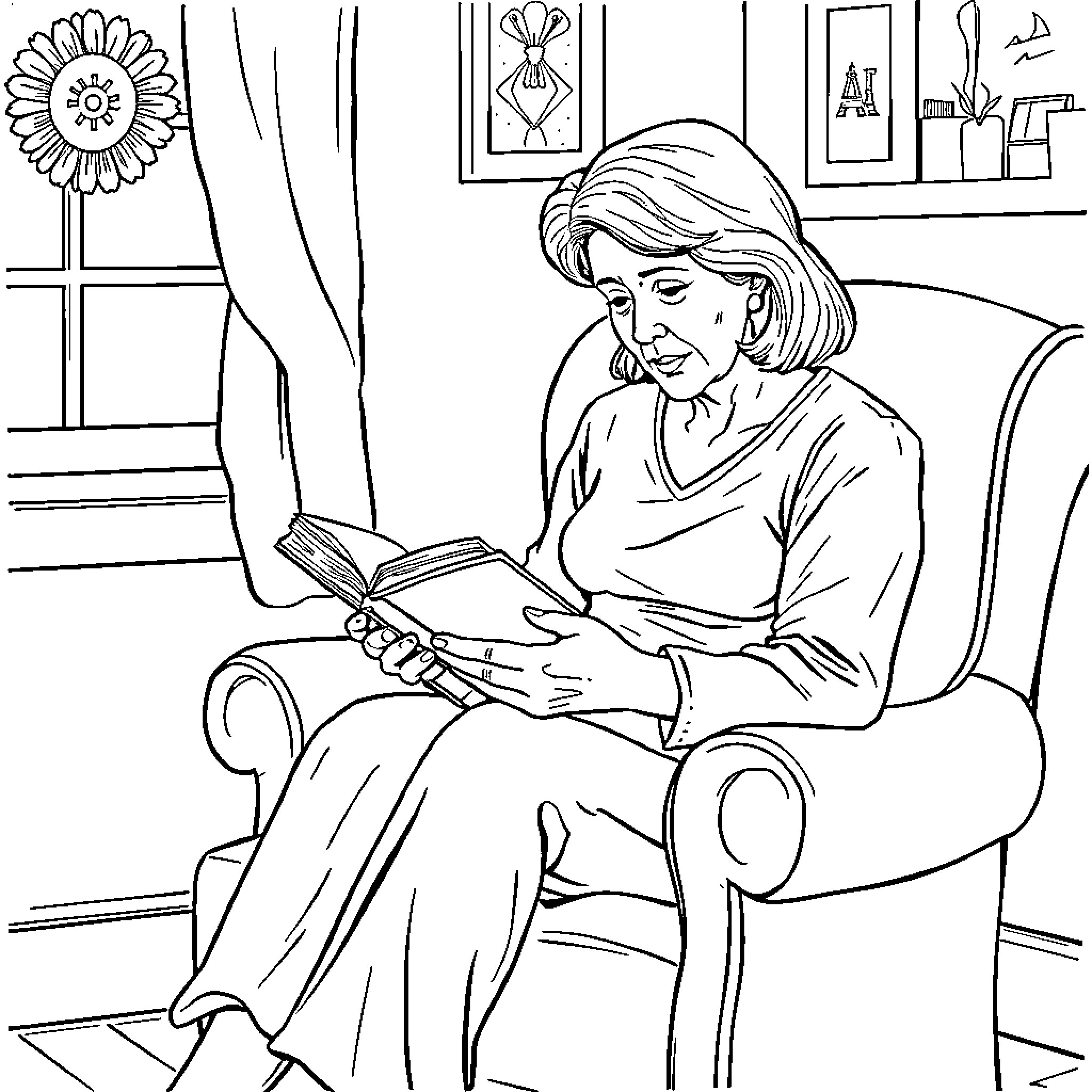 Mary Jones reading a book by the window Coloring Page (free black-and-white line drawing printable PDF for all, from beginners to advanced learners, including children, teens, adults, and seniors)