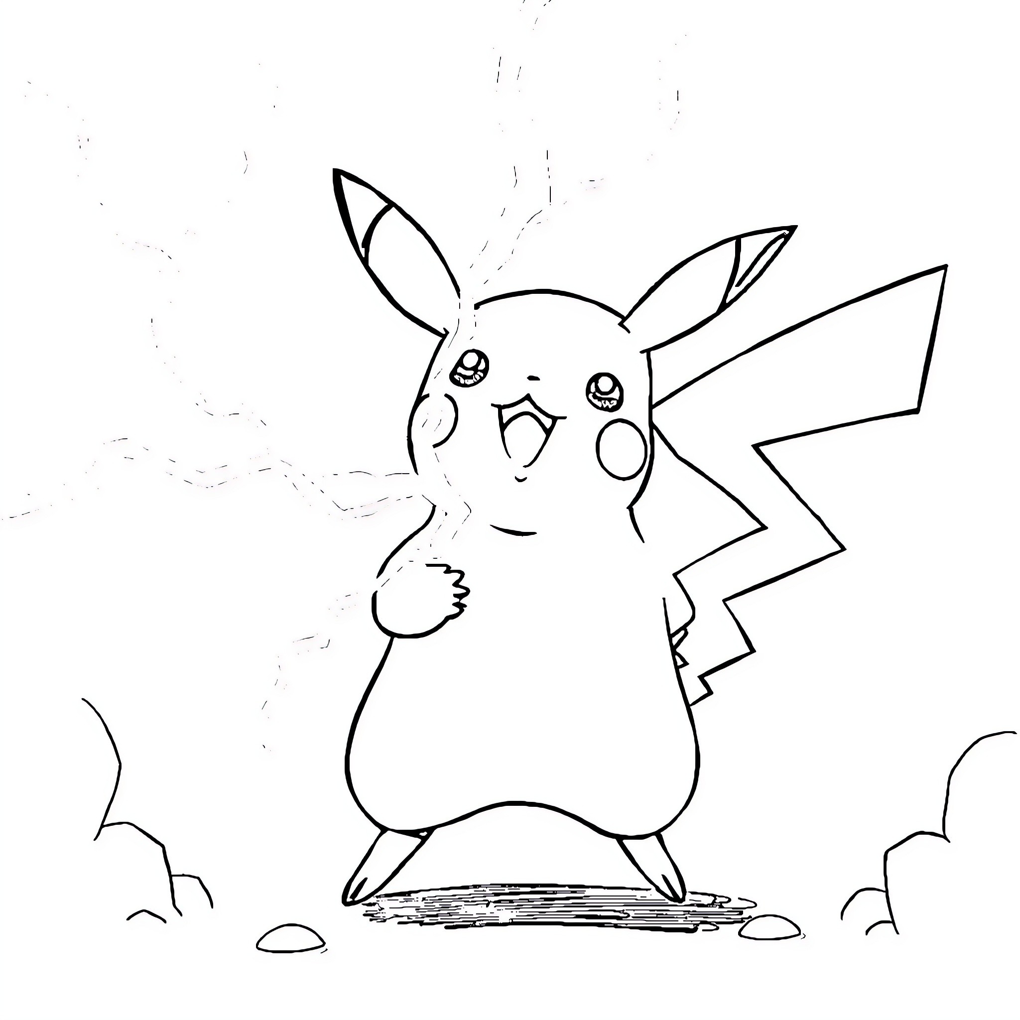 Pikachu using electric attack in the wilderness Coloring Page (free black-and-white line drawing printable PDF for all, from beginners to advanced learners, including children, teens, adults, and seniors)