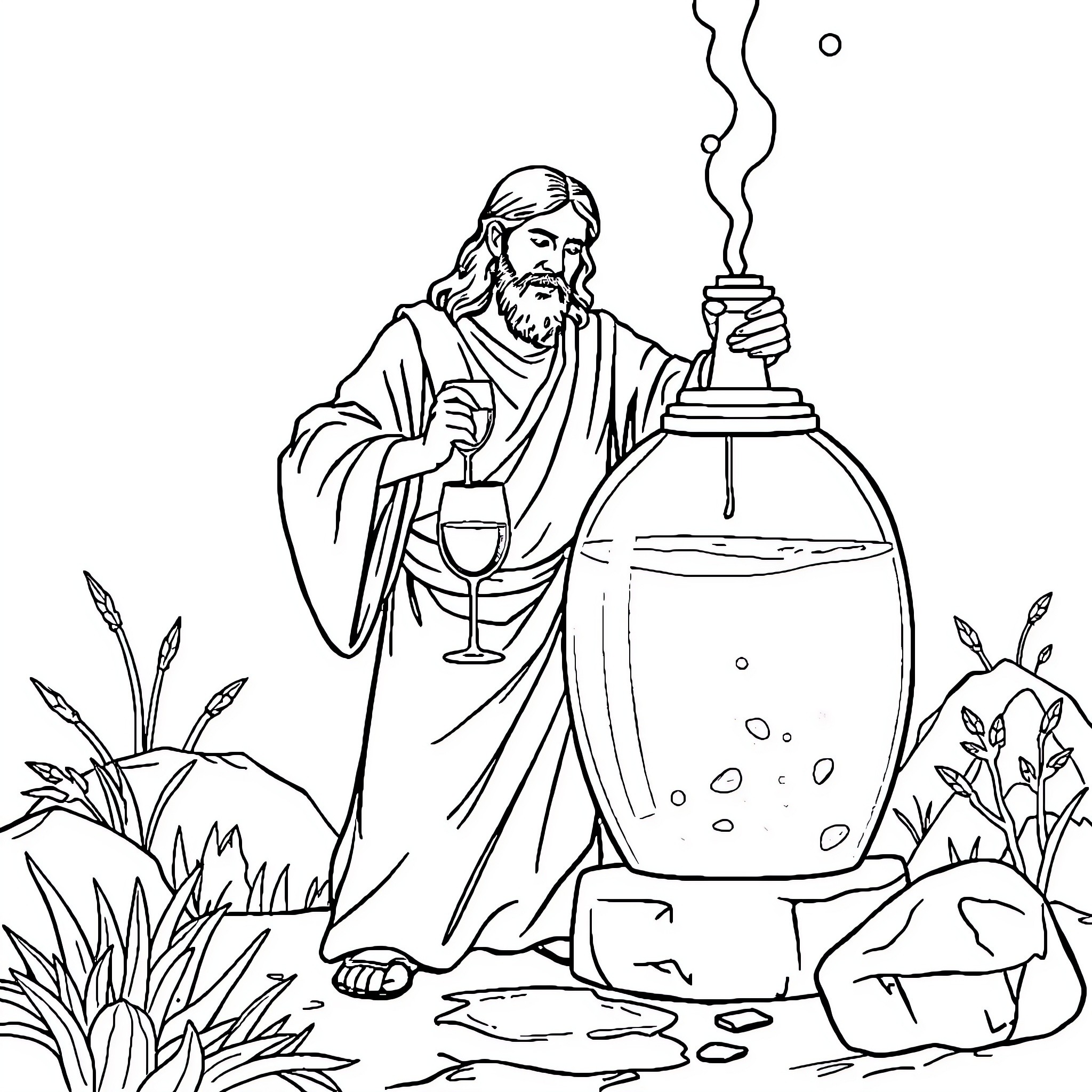 Jesus performing miracle with wine and nature Coloring Page (free black-and-white line drawing printable PDF for all, from beginners to advanced learners, including children, teens, adults, and seniors)