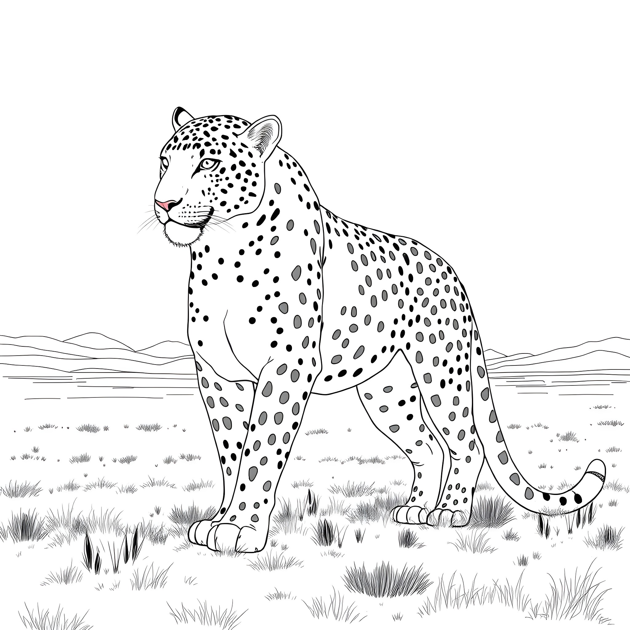 Leopard standing alert in the wilderness Coloring Page (free black-and-white line drawing printable PDF for all, from beginners to advanced learners, including children, teens, adults, and seniors)