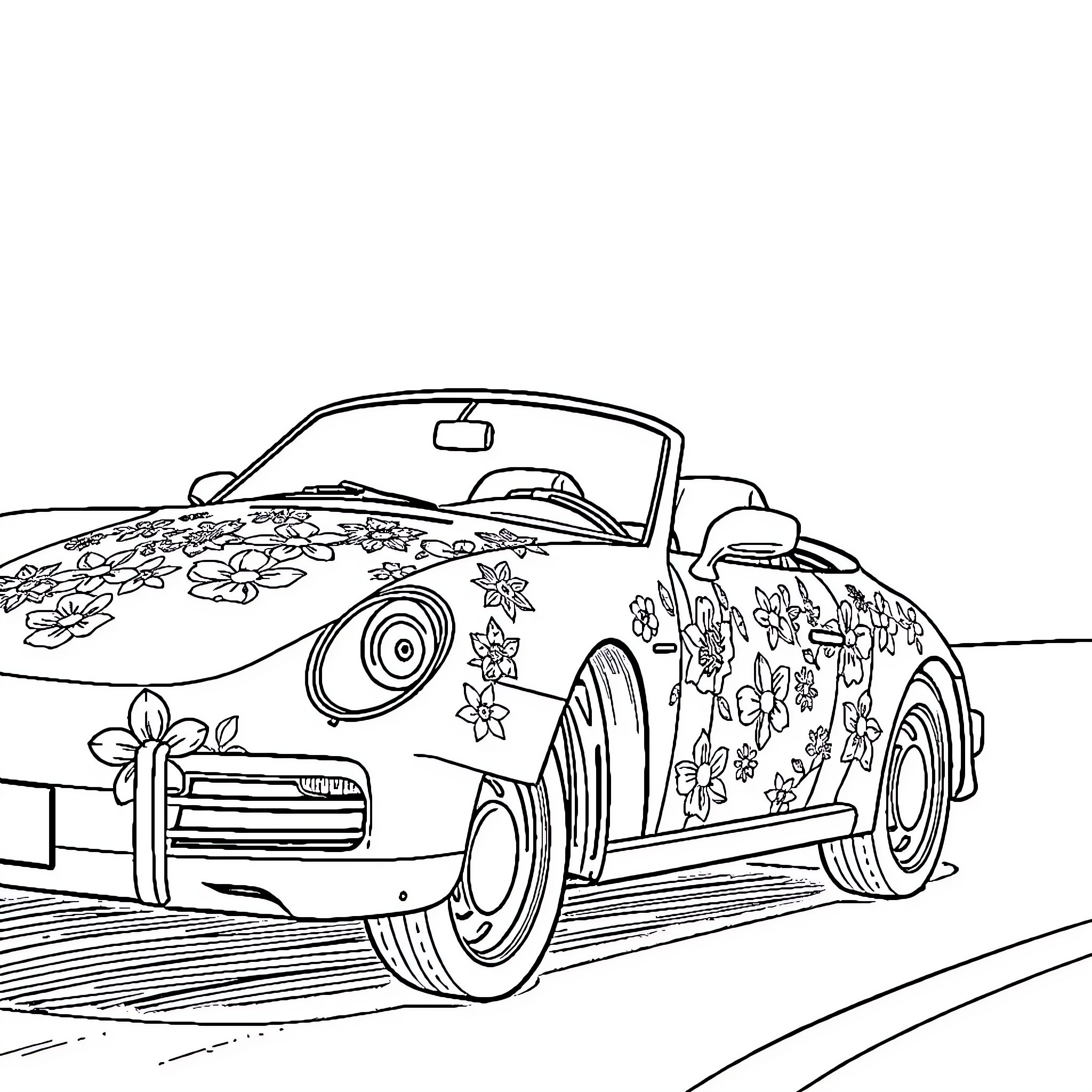 Voiture Colorier with Floral Design on Cabriolet Coloring Page (free black-and-white line drawing printable PDF for all, from beginners to advanced learners, including children, teens, adults, and seniors)