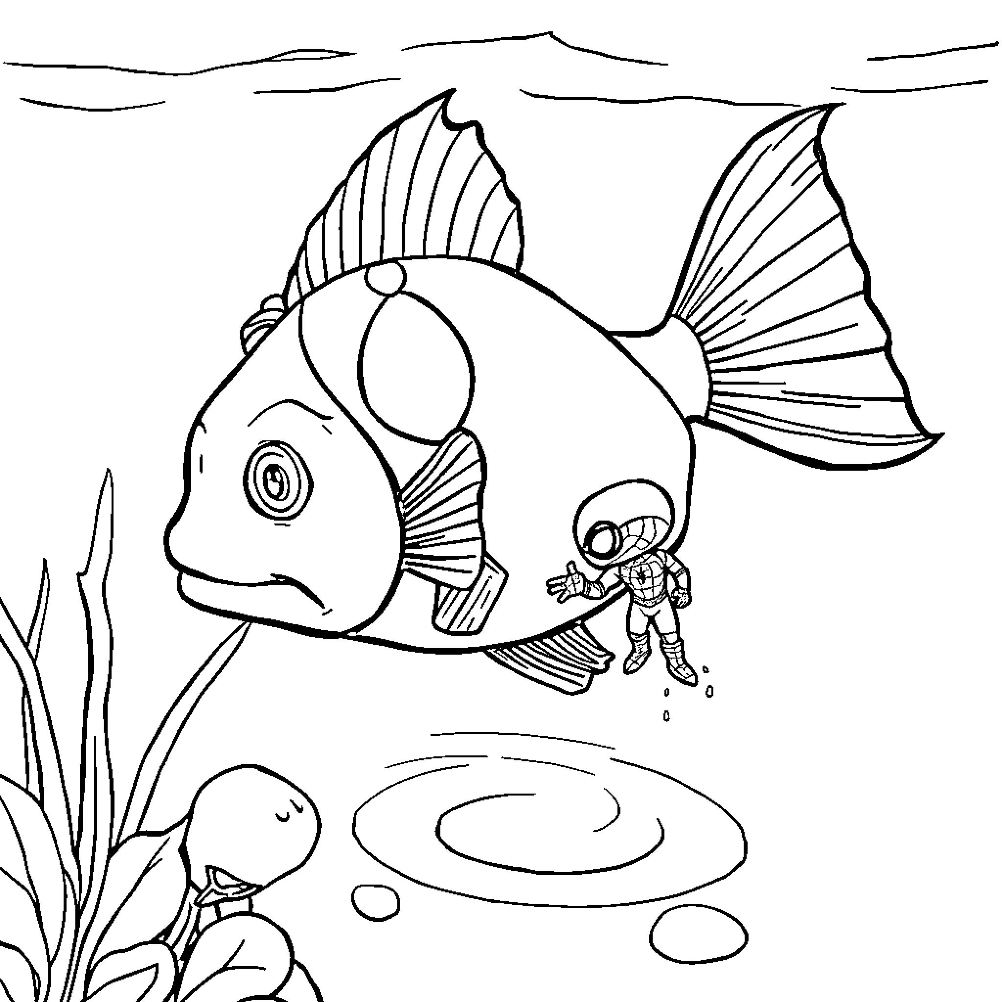 Poisson exploring the underwater world Coloring Page (free black-and-white line drawing printable PDF for all, from beginners to advanced learners, including children, teens, adults, and seniors)