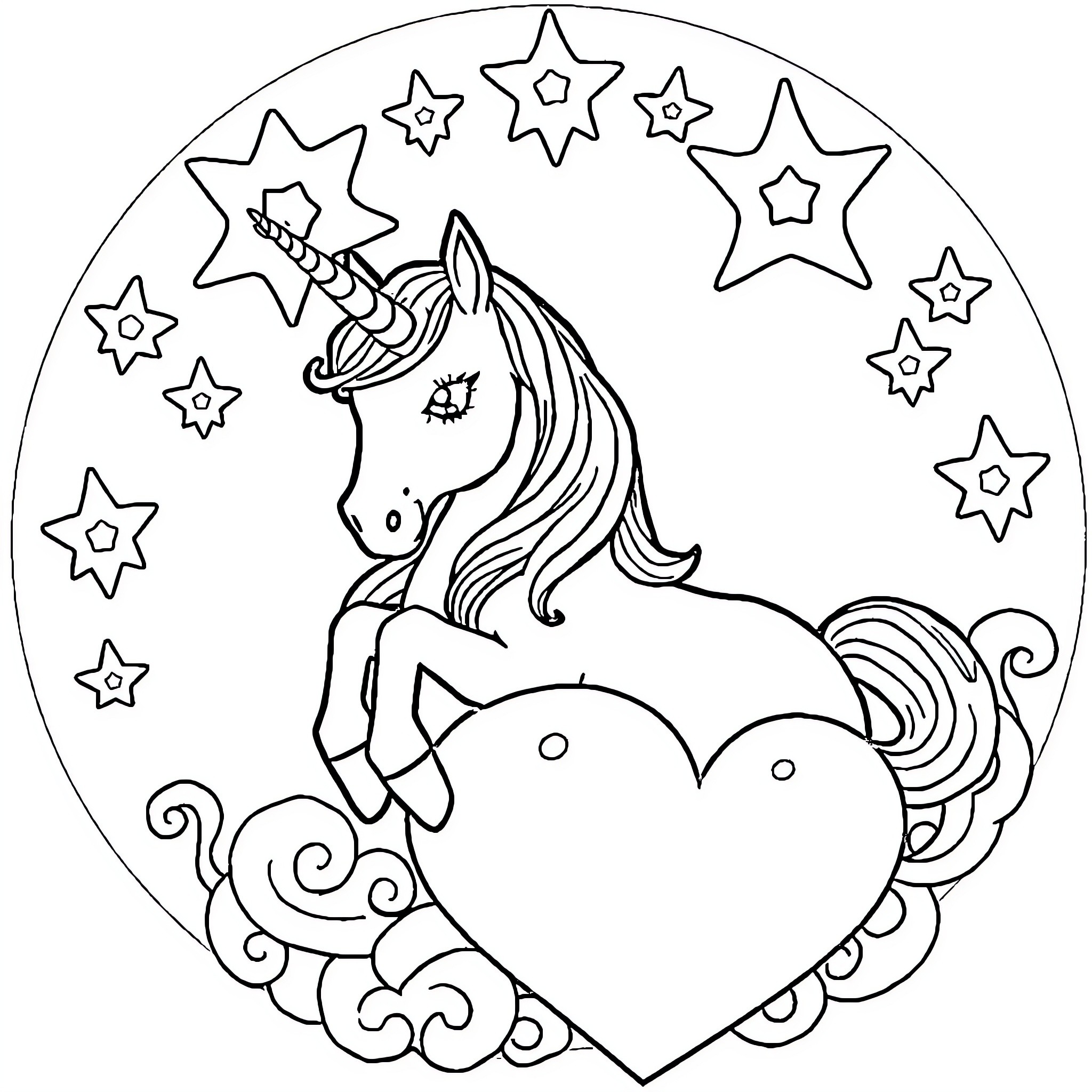 Unicorn Resting on Heart with Starry Sky Coloring Page (free black-and-white line drawing printable PDF for all, from beginners to advanced learners, including children, teens, adults, and seniors)