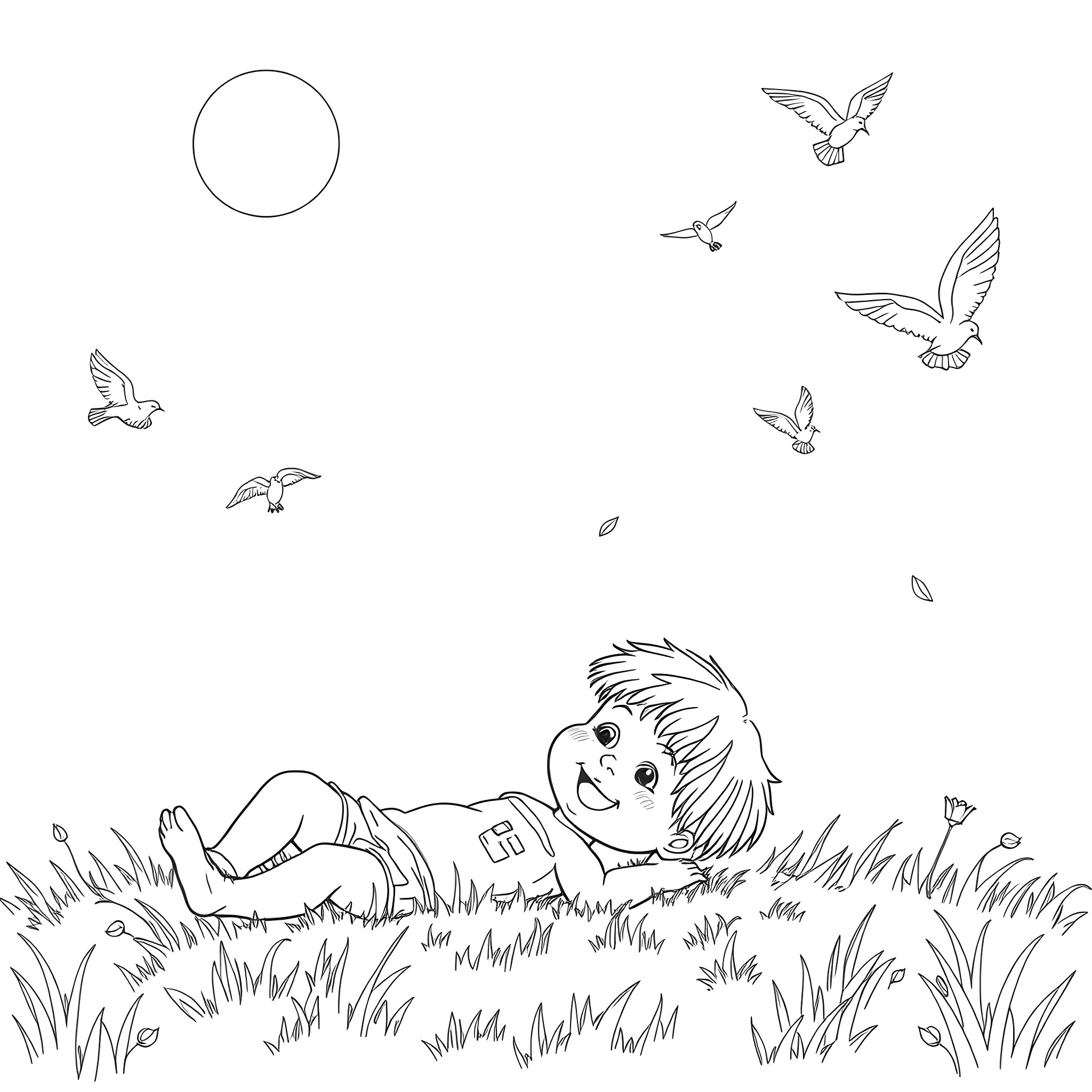 Kid relaxing peacefully in grassy field with flying birds Coloring Page (free black-and-white line drawing printable PDF for all, from beginners to advanced learners, including children, teens, adults, and seniors)