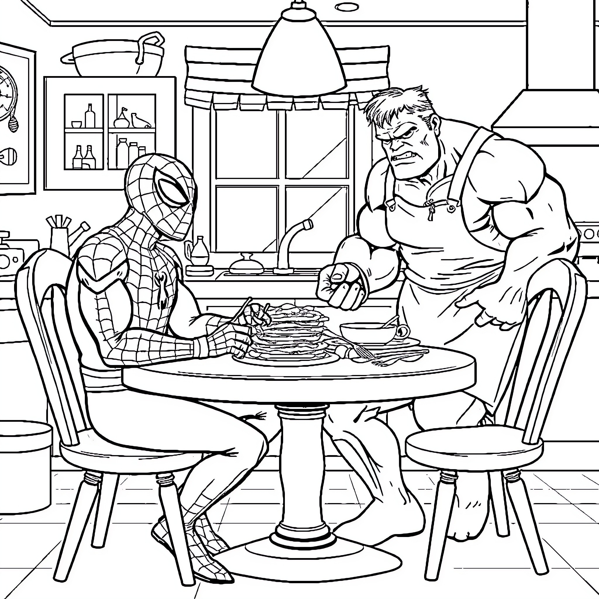Spider-Man and Hulk enjoy a meal together Coloring Page (free black-and-white line drawing printable PDF for all, from beginners to advanced learners, including children, teens, adults, and seniors)