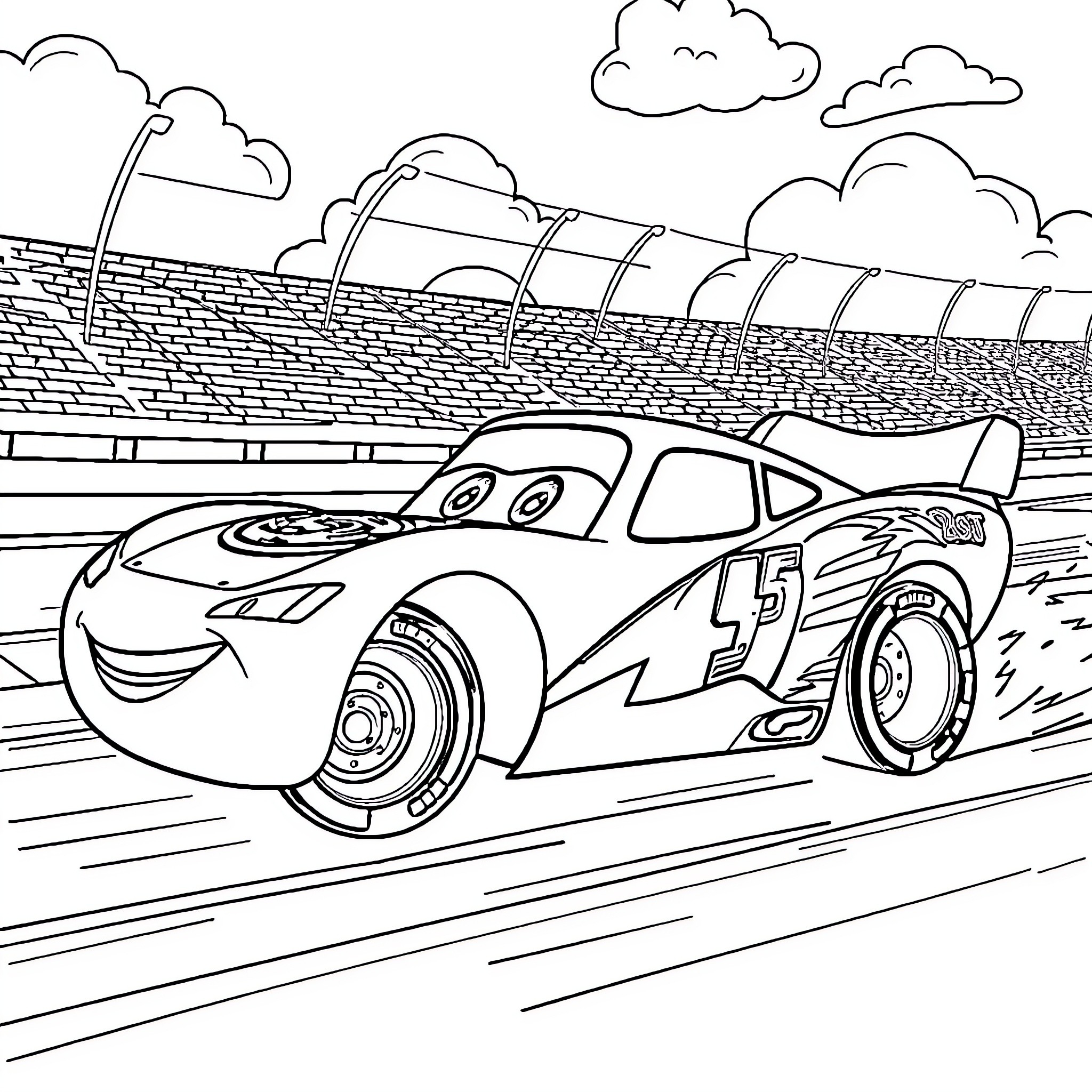 Lightning McQueen racing on the racetrack Coloring Page (free black-and-white line drawing printable PDF for all, from beginners to advanced learners, including children, teens, adults, and seniors)