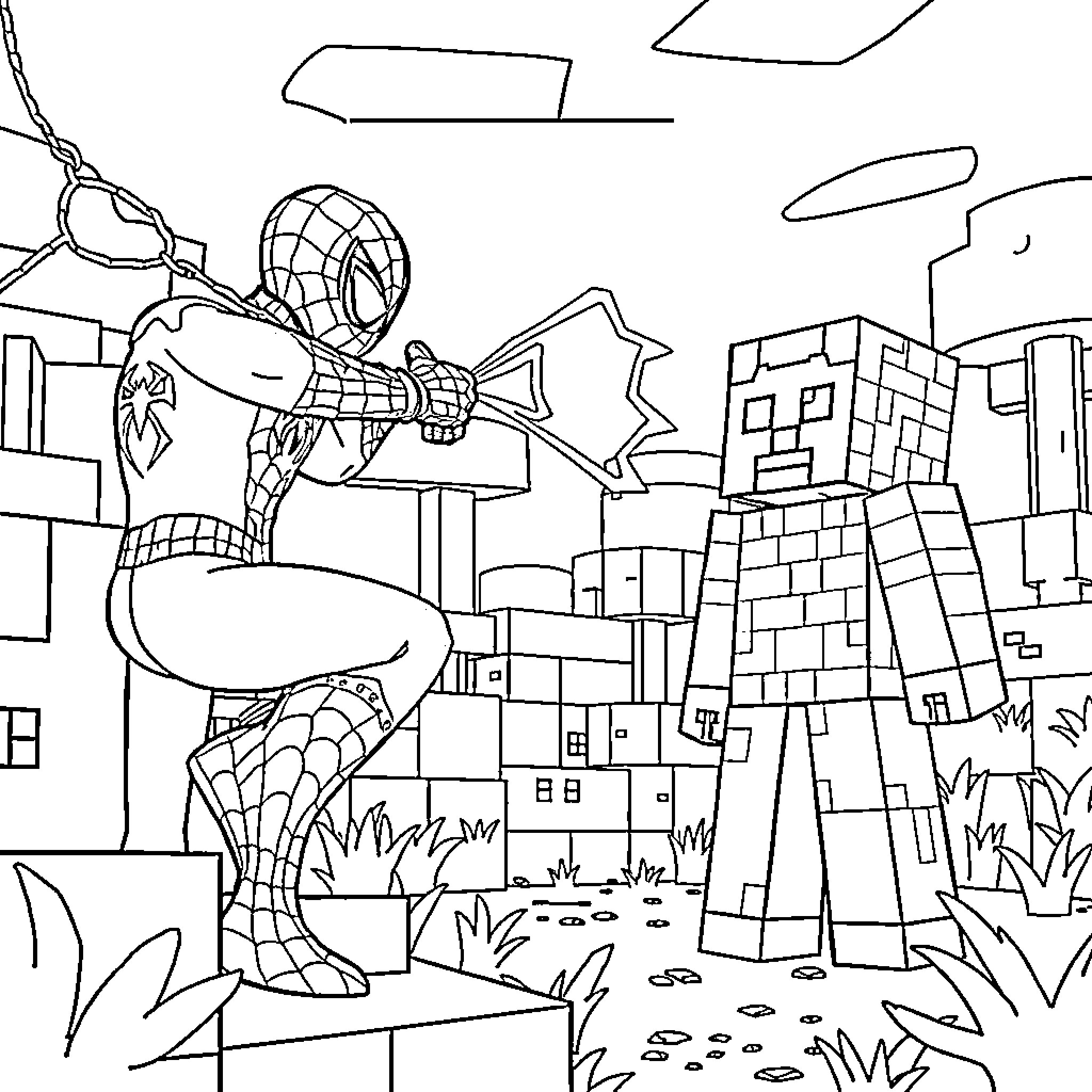 Spiderman swinging through the city Coloring Page (free black-and-white line drawing printable PDF for all, from beginners to advanced learners, including children, teens, adults, and seniors)