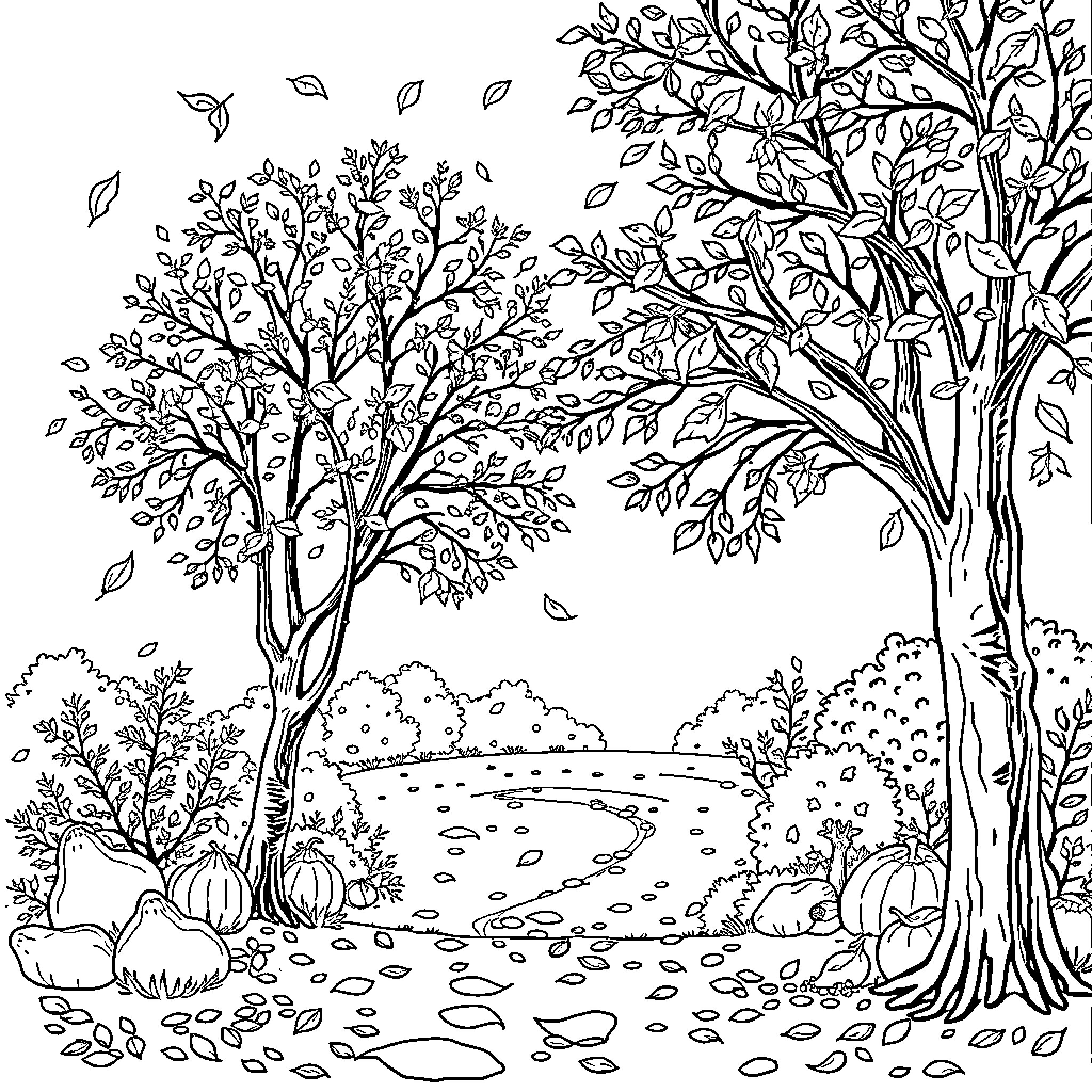 Autumn Scenic with Fallen Leaves and Trees Coloring Page (free black-and-white line drawing printable PDF for all, from beginners to advanced learners, including children, teens, adults, and seniors)