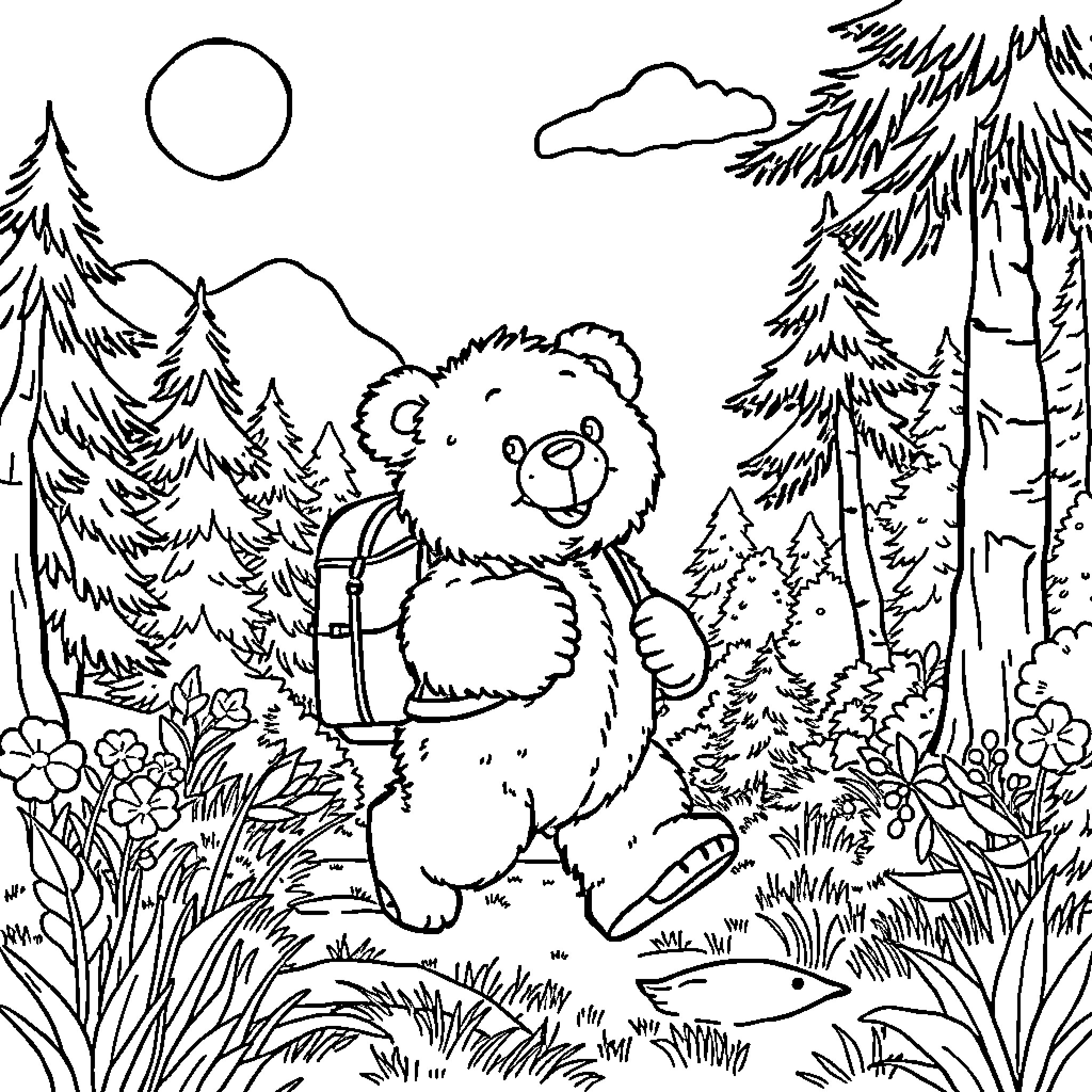 Teddy Bear hiking through the forest Coloring Page (free black-and-white line drawing printable PDF for all, from beginners to advanced learners, including children, teens, adults, and seniors)