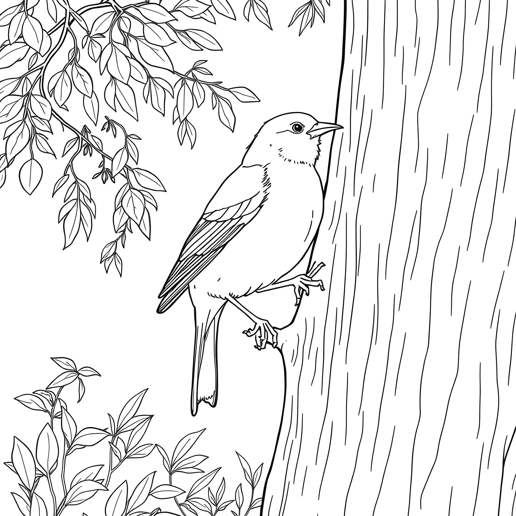 Saffron Finch perched amidst lush foliage Coloring Page (free black-and-white line drawing printable PDF for all, from beginners to advanced learners, including children, teens, adults, and seniors)