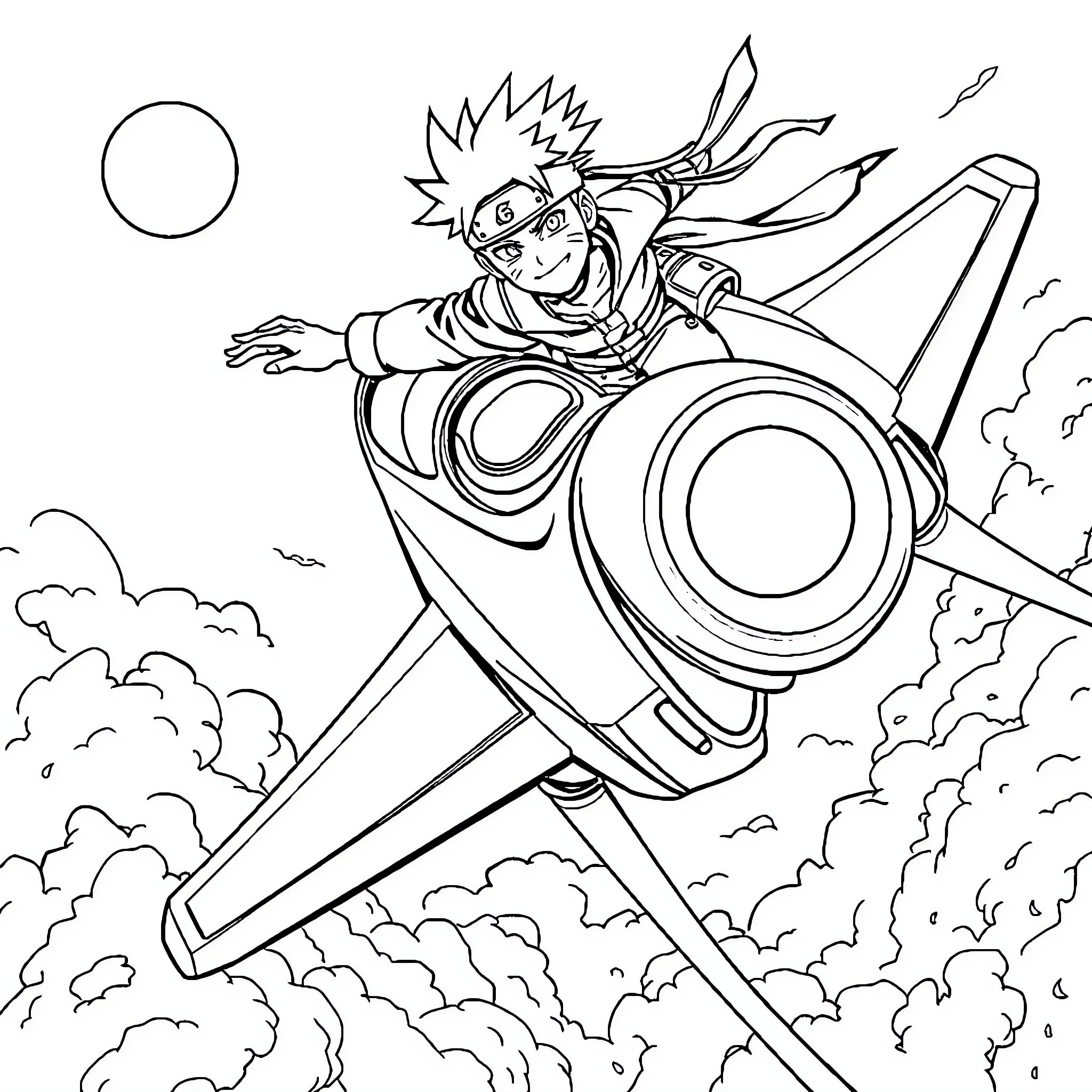 Naruto soaring through the sky on a unique vehicle Coloring Page (free black-and-white line drawing printable PDF for all, from beginners to advanced learners, including children, teens, adults, and seniors)