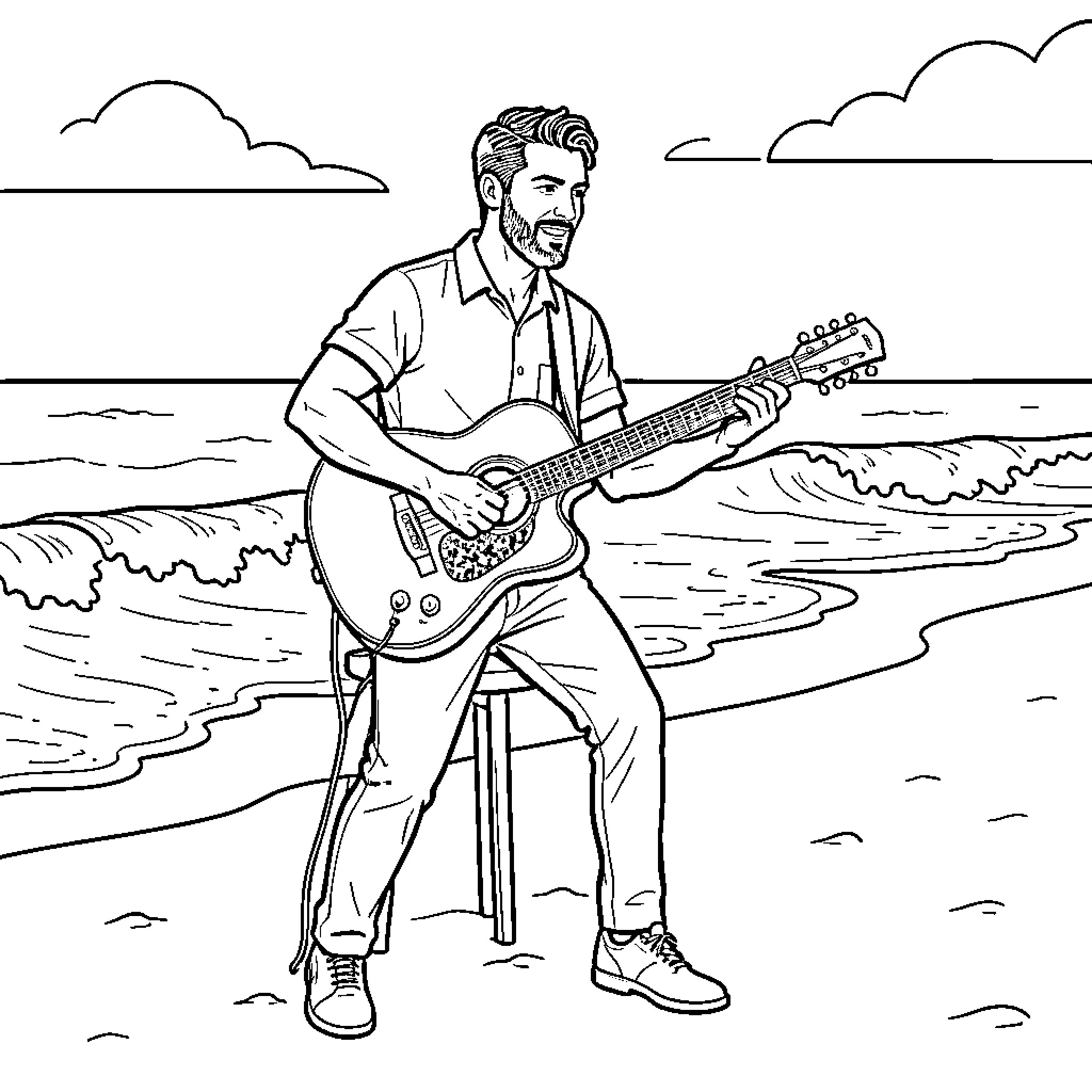 Cristiano playing acoustic guitar while sitting on a beach Coloring Page (free black-and-white line drawing printable PDF for all, from beginners to advanced learners, including children, teens, adults, and seniors)