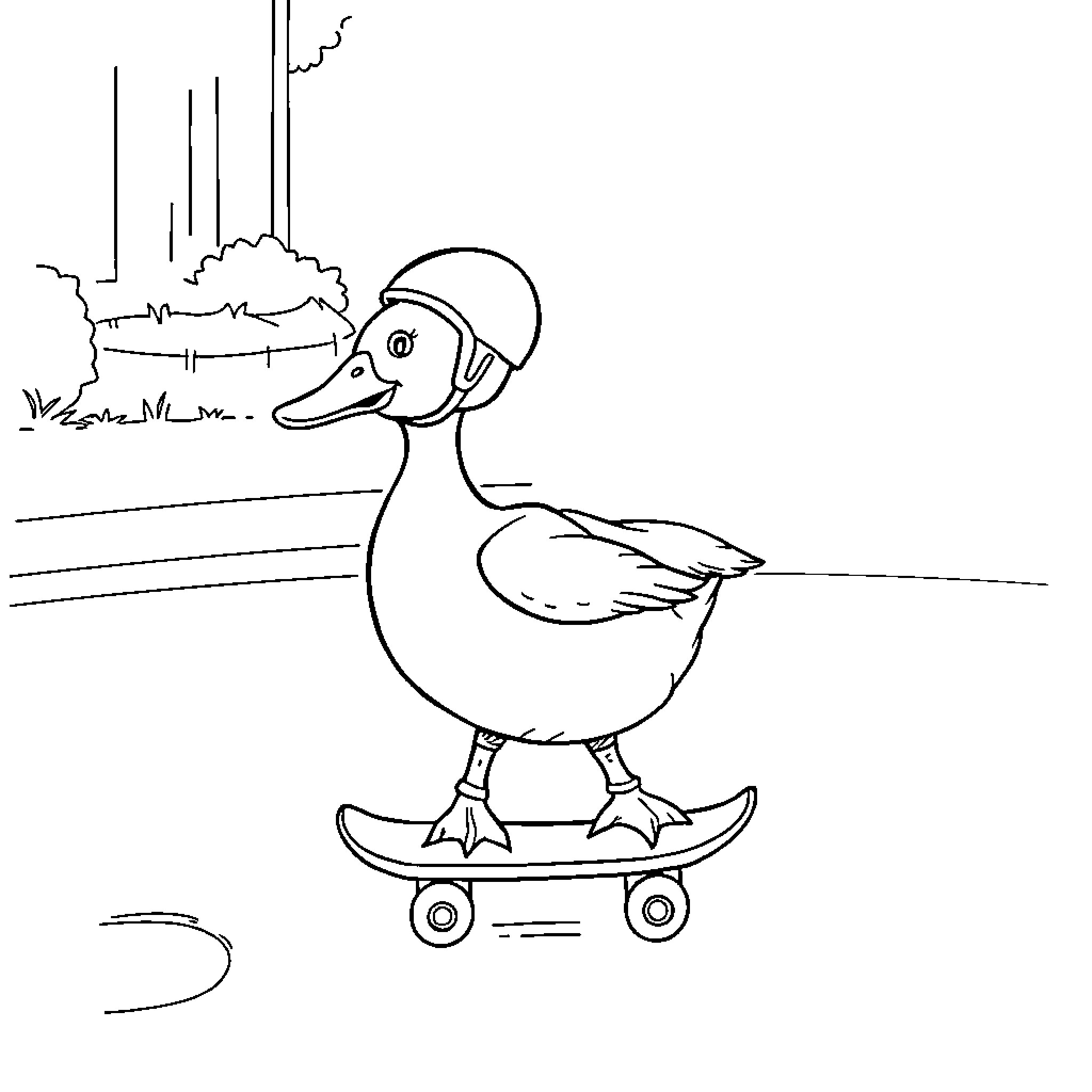 Duck riding a skateboard Coloring Page (free black-and-white line drawing printable PDF for all, from beginners to advanced learners, including children, teens, adults, and seniors)