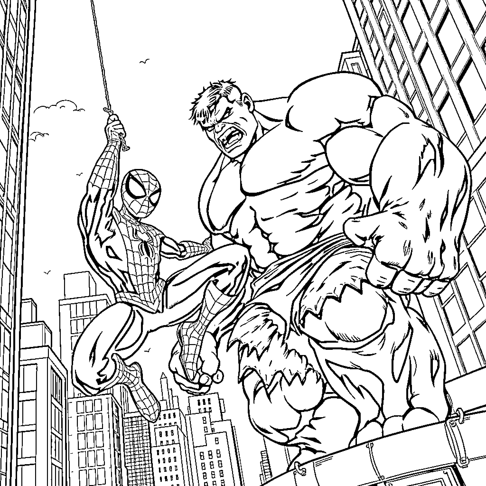 Spiderman battles a monstrous villain in the city Coloring Page (free black-and-white line drawing printable PDF for all, from beginners to advanced learners, including children, teens, adults, and seniors)