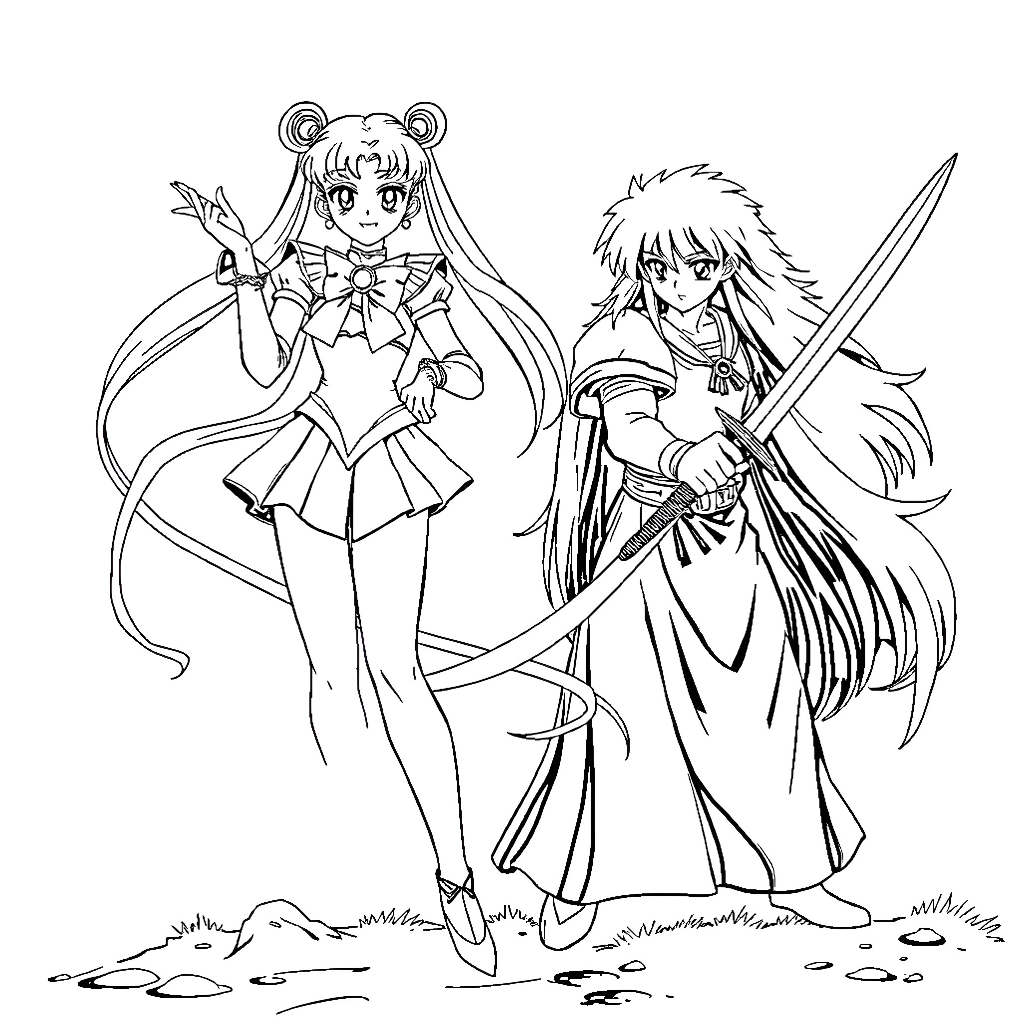 Sailormoon characters in action-packed poses Coloring Page (free black-and-white line drawing printable PDF for all, from beginners to advanced learners, including children, teens, adults, and seniors)