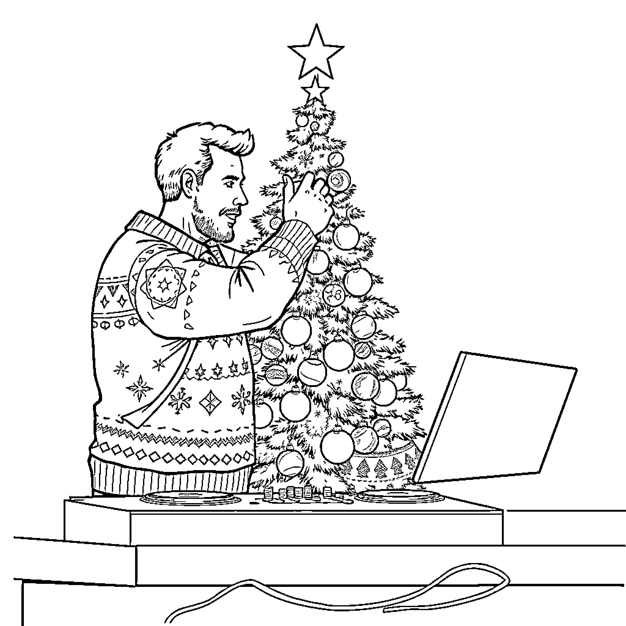 DJ Decorating the Christmas Tree with Joy Coloring Page (free black-and-white line drawing printable PDF for all, from beginners to advanced learners, including children, teens, adults, and seniors)