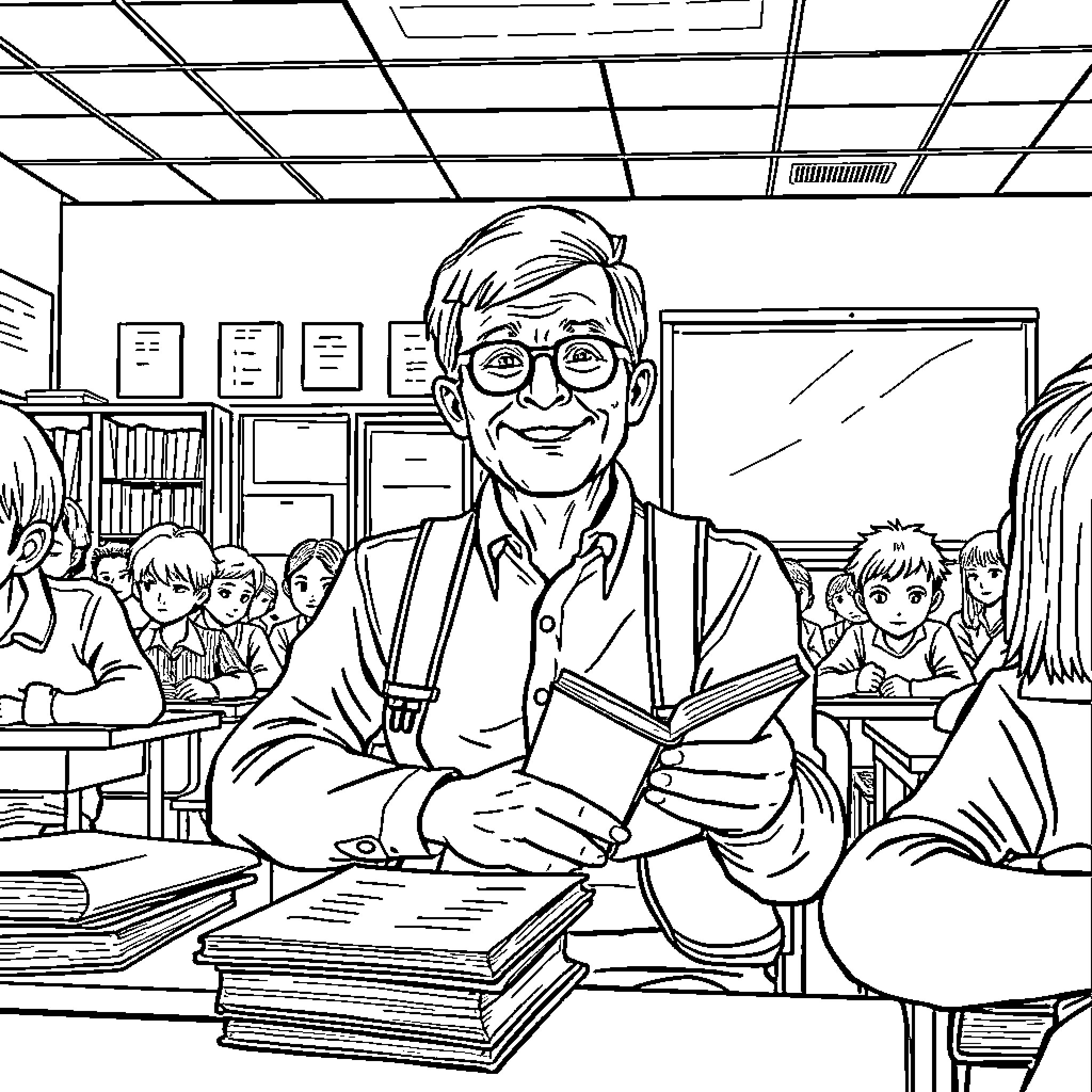 Mason teaches enthusiastically in the classroom Coloring Page (free black-and-white line drawing printable PDF for all, from beginners to advanced learners, including children, teens, adults, and seniors)