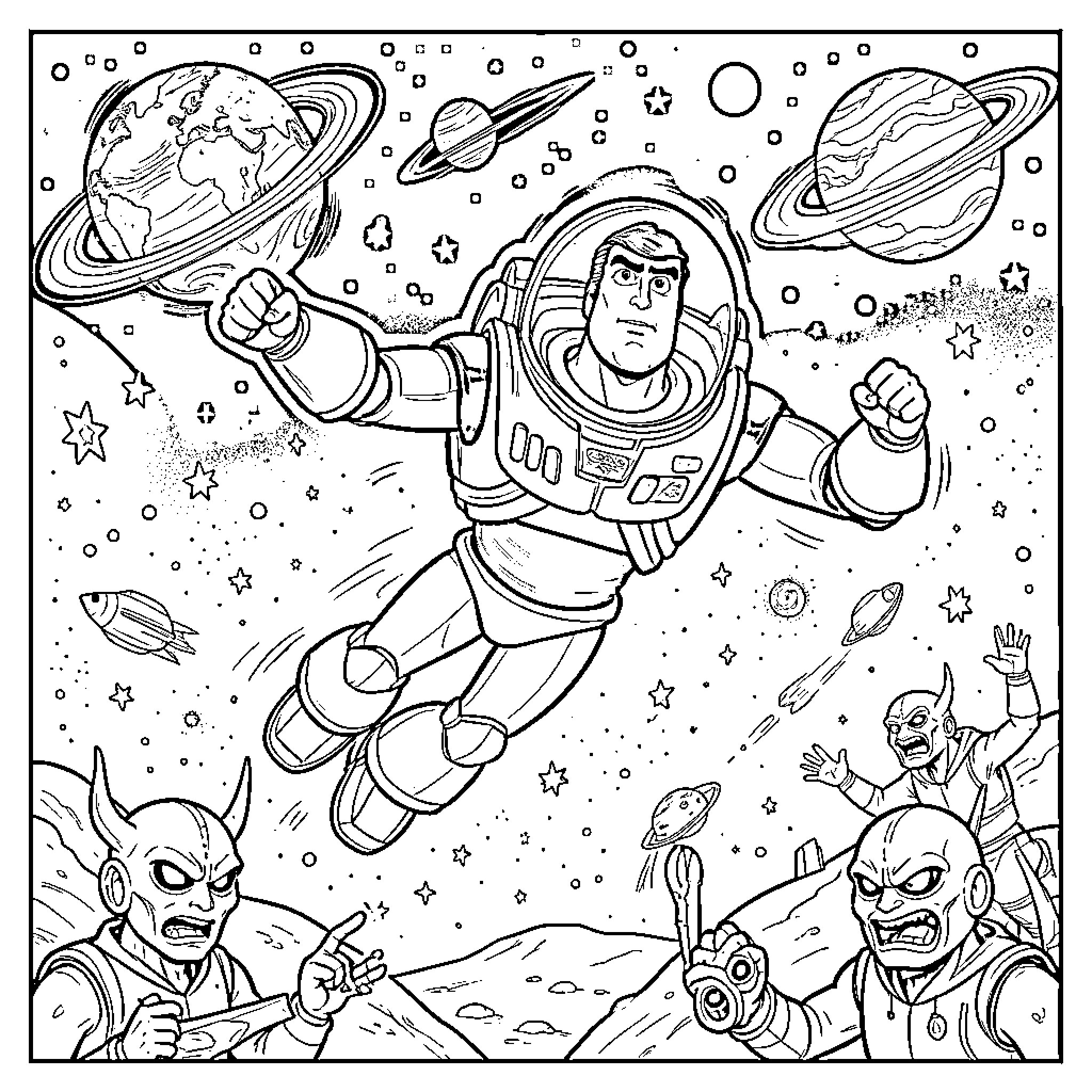 Buzz Lightyear flying through space fighting aliens Coloring Page (free black-and-white line drawing printable PDF for all, from beginners to advanced learners, including children, teens, adults, and seniors)