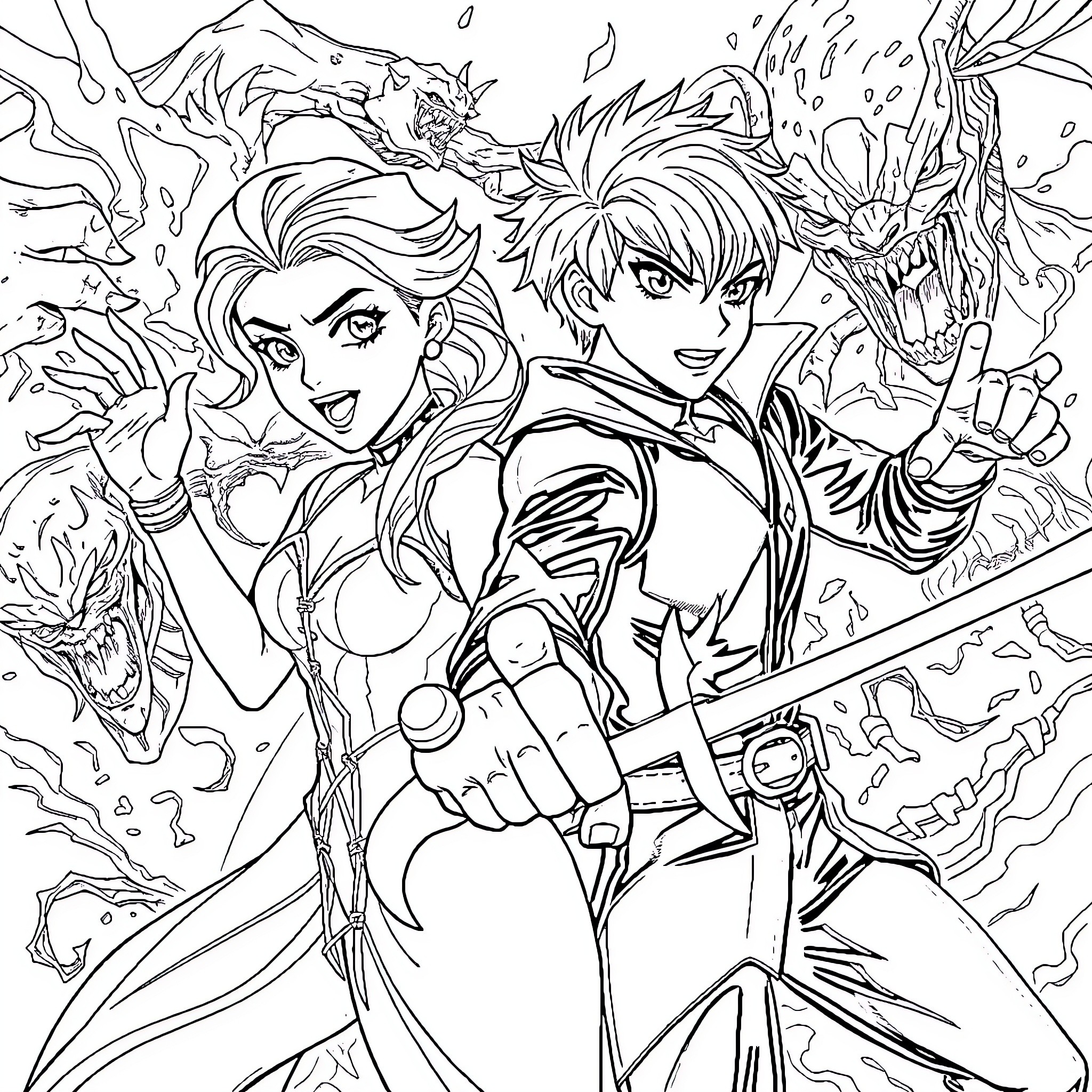 Elsa and Yuu battling supernatural forces Coloring Page (free black-and-white line drawing printable PDF for all, from beginners to advanced learners, including children, teens, adults, and seniors)