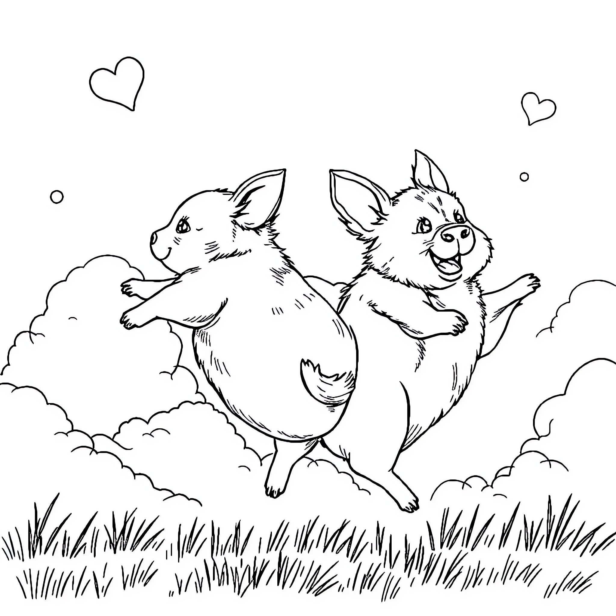 Flying Pigs Frolicking in the Meadow Coloring Page (free black-and-white line drawing printable PDF for all, from beginners to advanced learners, including children, teens, adults, and seniors)