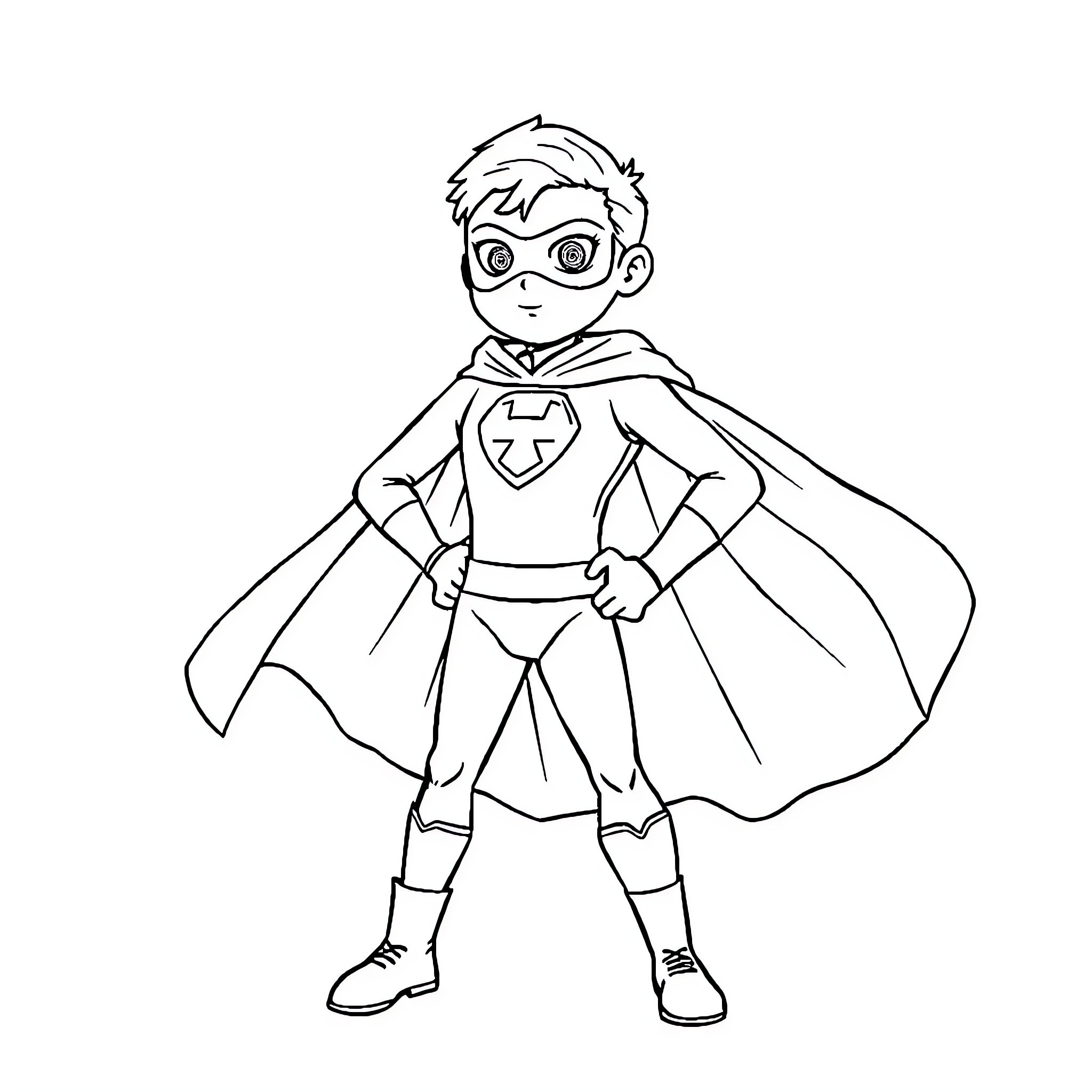 Superhero in action pose with cape and emblem Coloring Page (free black-and-white line drawing printable PDF for all, from beginners to advanced learners, including children, teens, adults, and seniors)