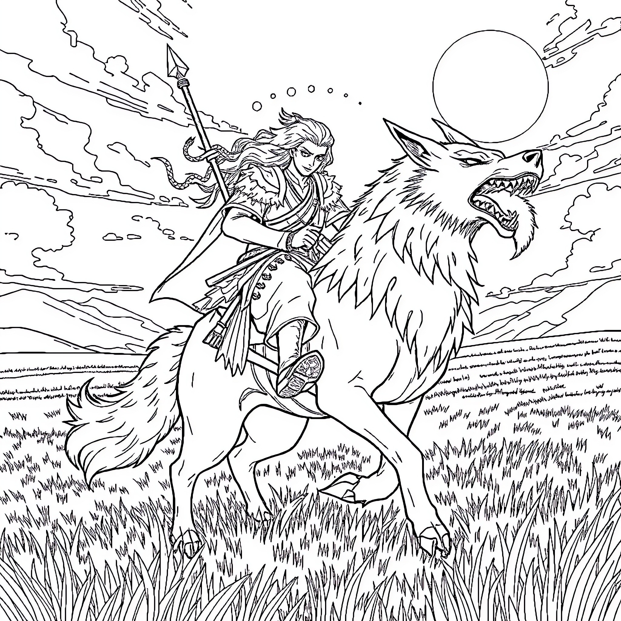 Kyōjurō Rengoku battles a ferocious wolf-like creature in the wilderness Coloring Page (free black-and-white line drawing printable PDF for all, from beginners to advanced learners, including children, teens, adults, and seniors)