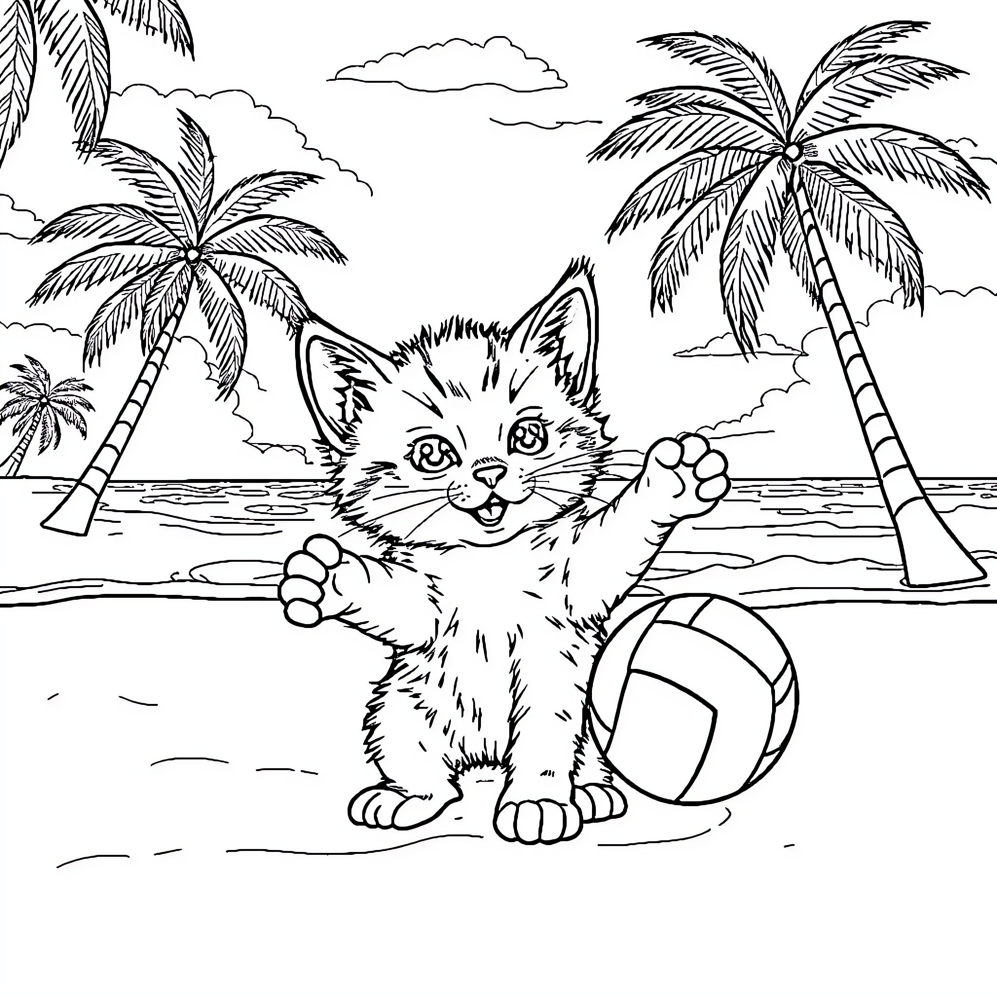 Kitten playing on tropical beach with palm trees Coloring Page (free black-and-white line drawing printable PDF for all, from beginners to advanced learners, including children, teens, adults, and seniors)