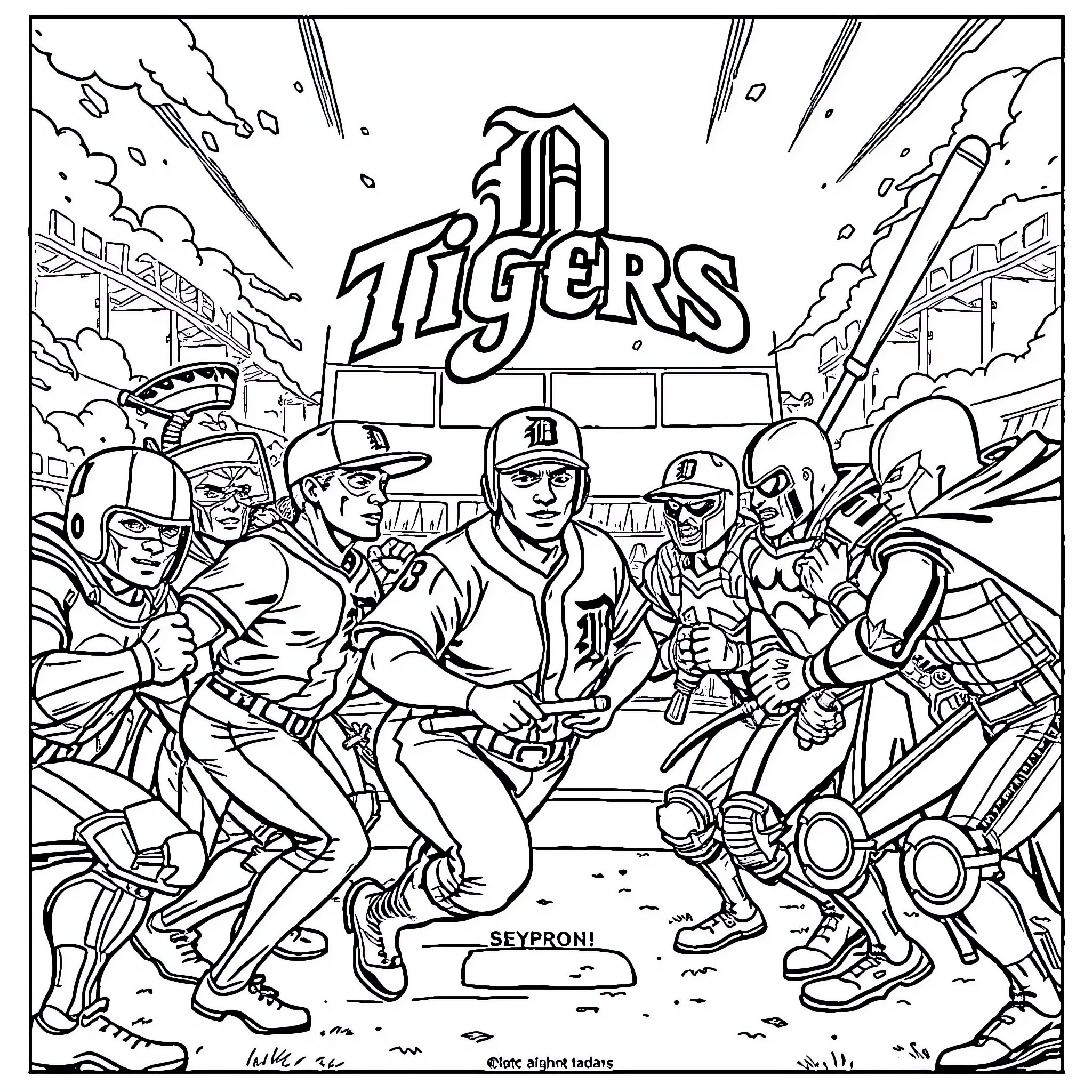 Tiger baseball team players in intense action Coloring Page (free black-and-white line drawing printable PDF for all, from beginners to advanced learners, including children, teens, adults, and seniors)