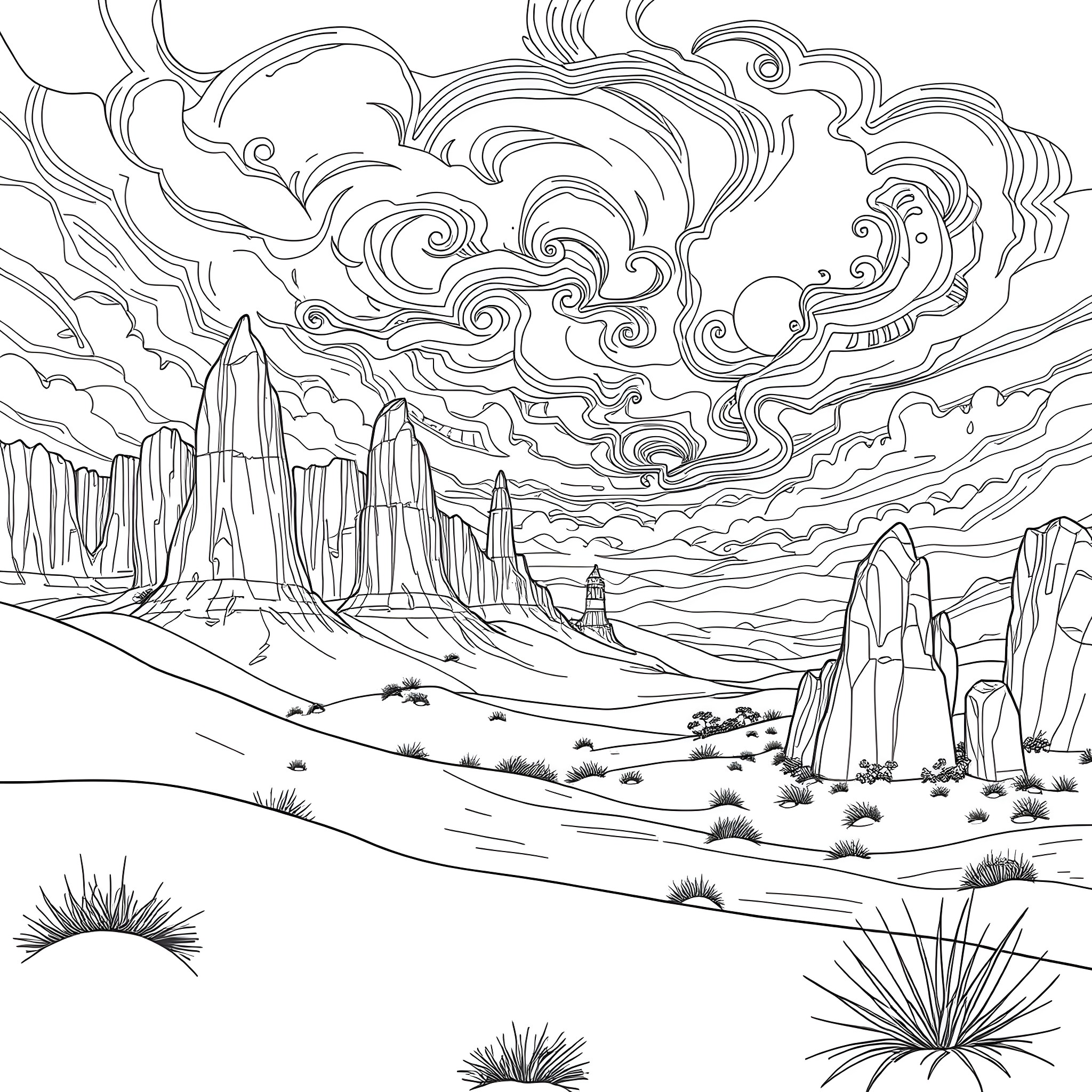 Nature: Mountainous landscape with swirling clouds Coloring Page (free black-and-white line drawing printable PDF for all, from beginners to advanced learners, including children, teens, adults, and seniors)