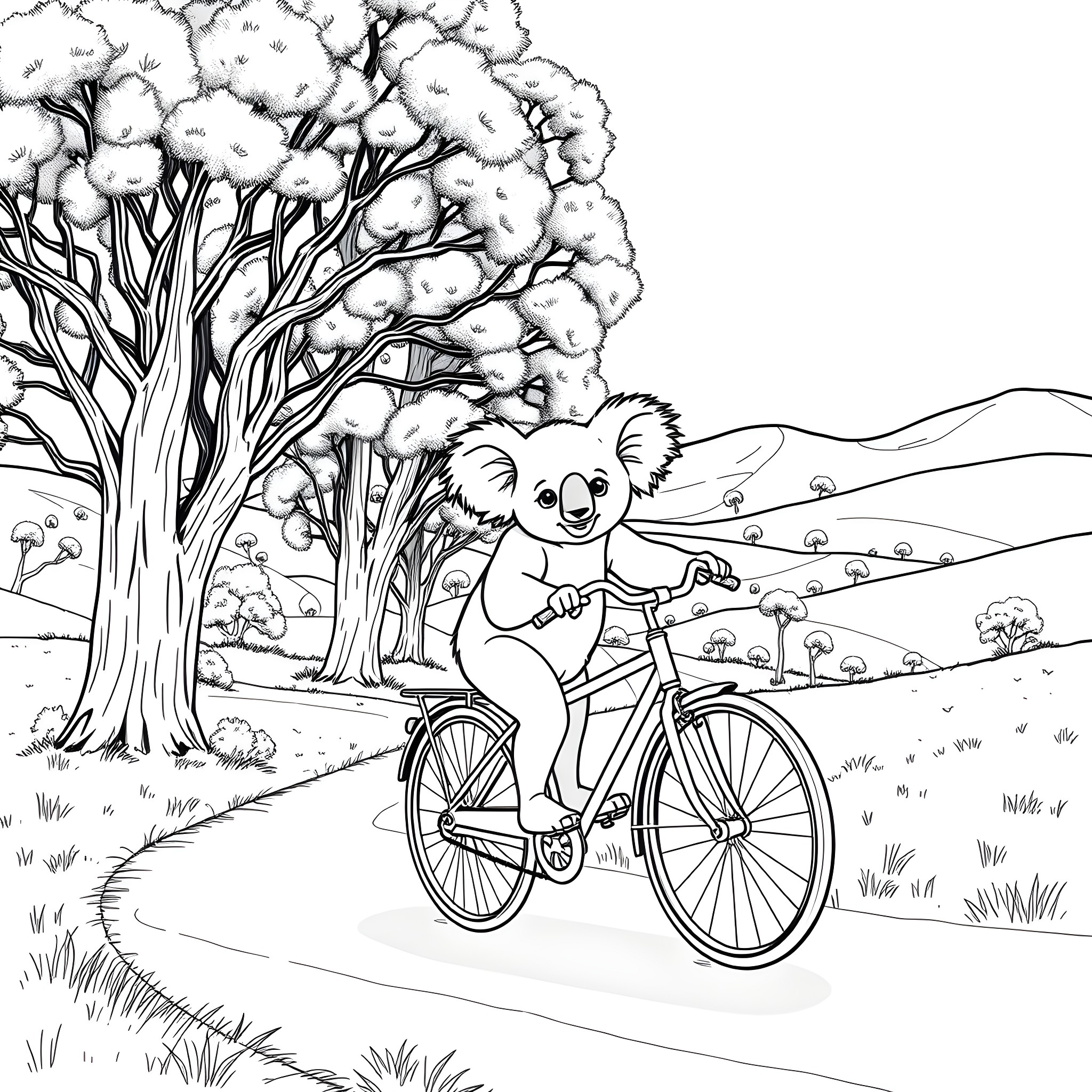 Koala riding a bicycle in a snowy forest Coloring Page (free black-and-white line drawing printable PDF for all, from beginners to advanced learners, including children, teens, adults, and seniors)